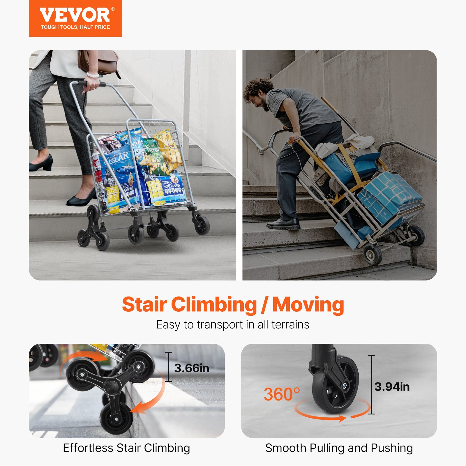 VEVOR Carro de Compra Plegable 45 L Carro para Subir Escaleras con Ruedas Giratorias de 360° Carro Utilitario Ligero 510 x 530 x 950 mm para Compras, Oficina, Mudanzas, Transporte, Exterior, Plata