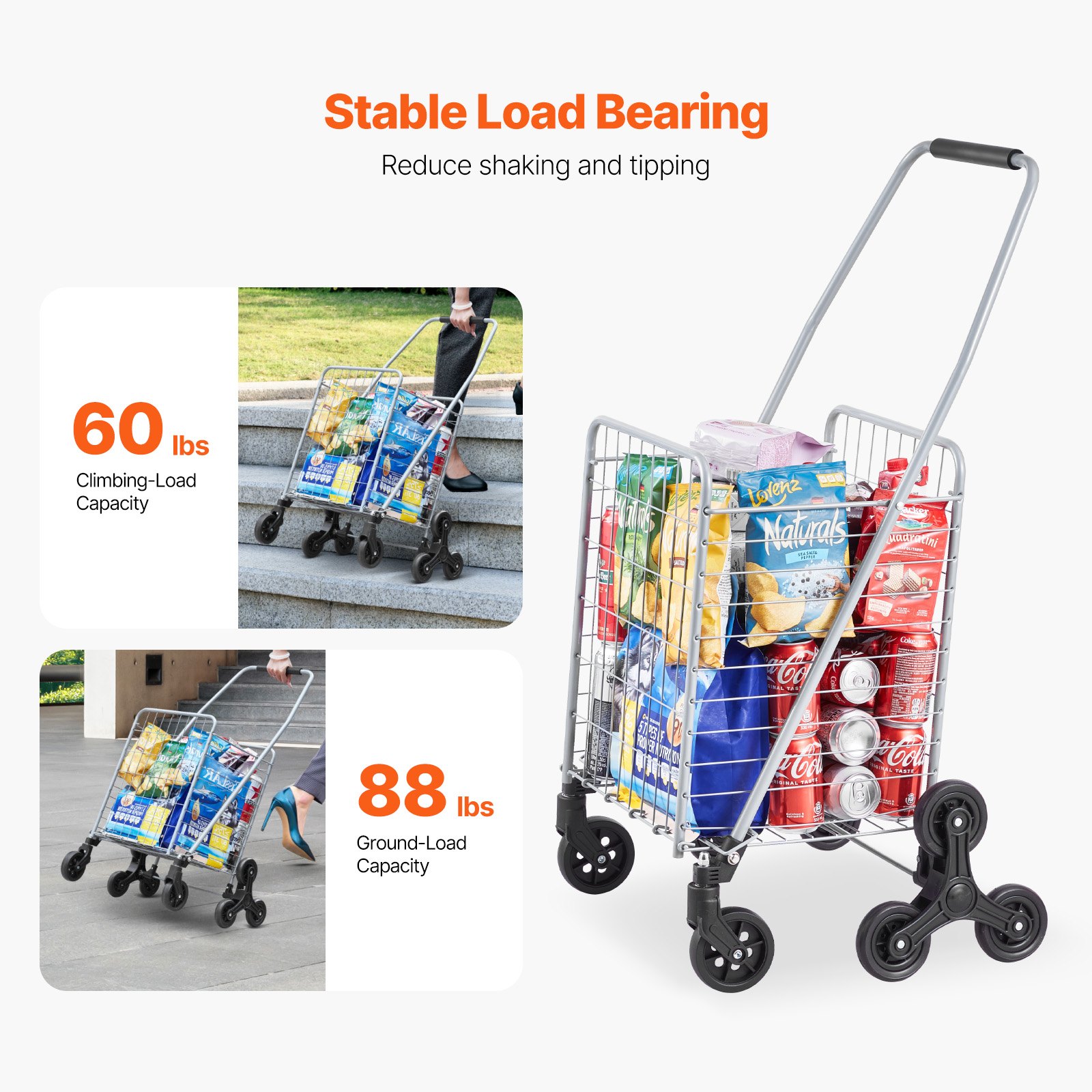 VEVOR Carro de Compra Plegable 45 L Carro para Subir Escaleras con Ruedas Giratorias de 360° Carro Utilitario Ligero 510 x 530 x 950 mm para Compras, Oficina, Mudanzas, Transporte, Exterior, Plata