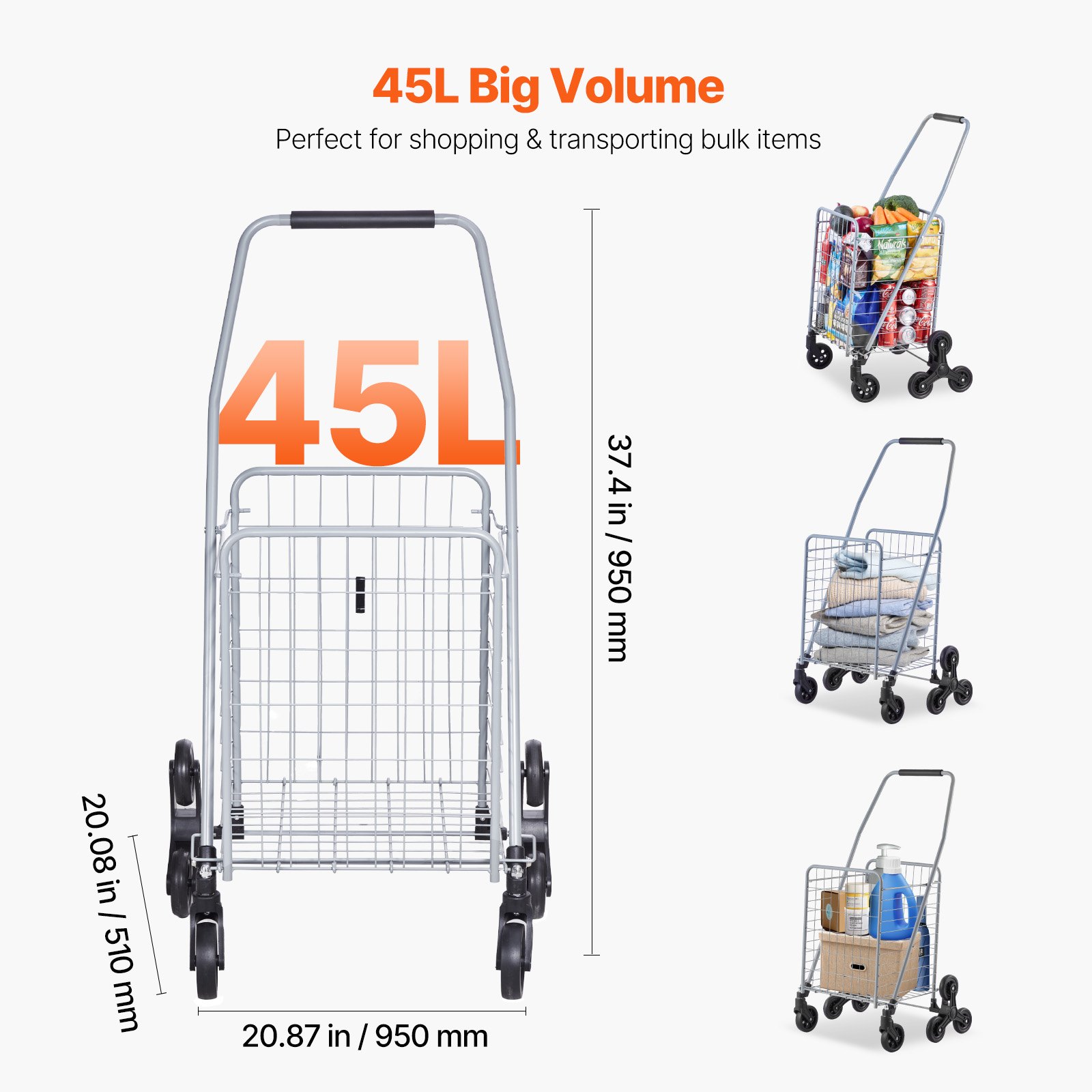 VEVOR Carro de Compra Plegable 45 L Carro para Subir Escaleras con Ruedas Giratorias de 360° Carro Utilitario Ligero 510 x 530 x 950 mm para Compras, Oficina, Mudanzas, Transporte, Exterior, Plata
