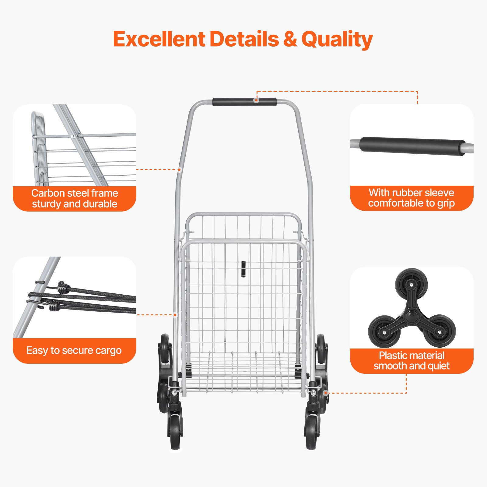 VEVOR Carro de Compra Plegable 45 L Carro para Subir Escaleras con Ruedas Giratorias de 360° Carro Utilitario Ligero 510 x 530 x 950 mm para Compras, Oficina, Mudanzas, Transporte, Exterior, Plata