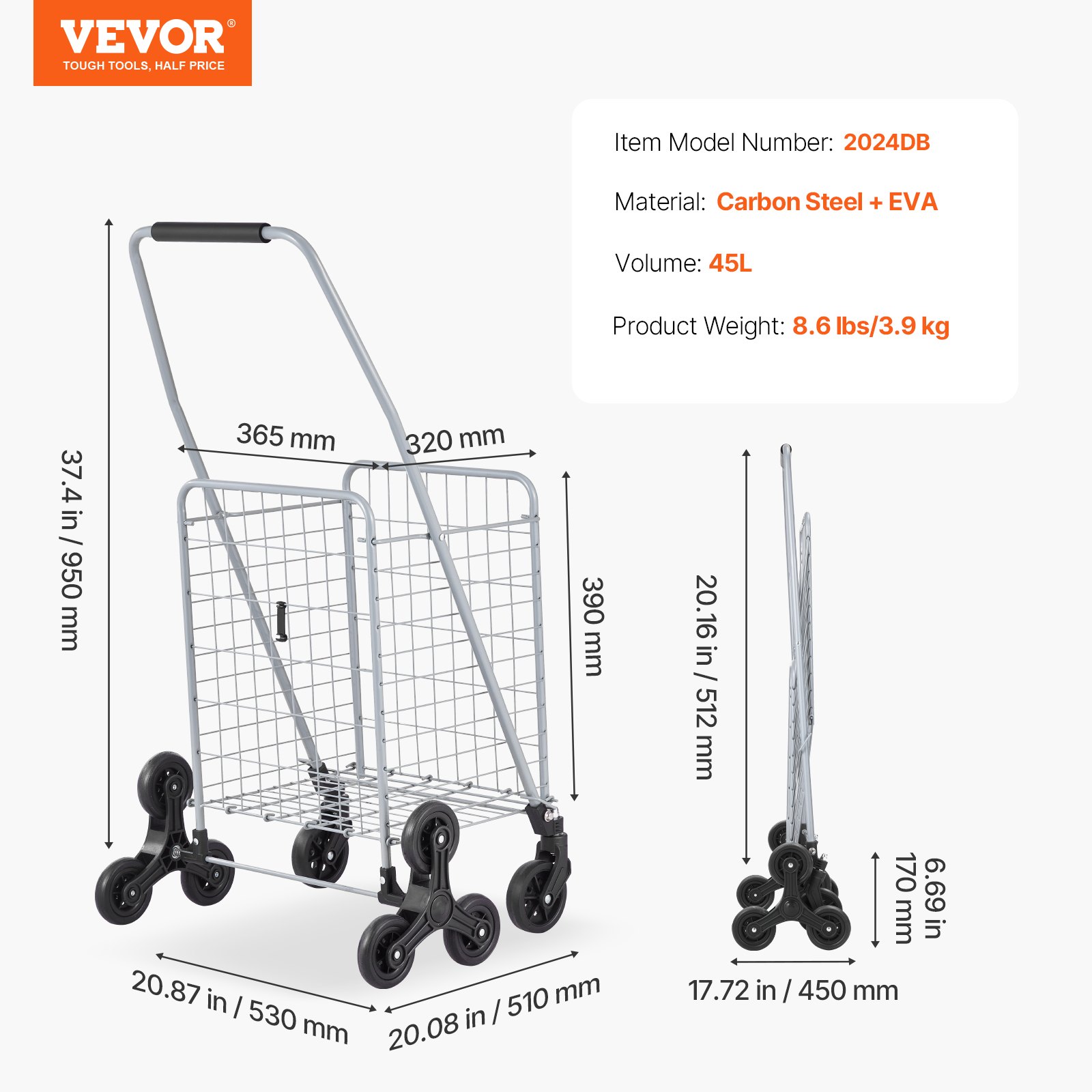 VEVOR Carro de Compra Plegable 45 L Carro para Subir Escaleras con Ruedas Giratorias de 360° Carro Utilitario Ligero 510 x 530 x 950 mm para Compras, Oficina, Mudanzas, Transporte, Exterior, Plata