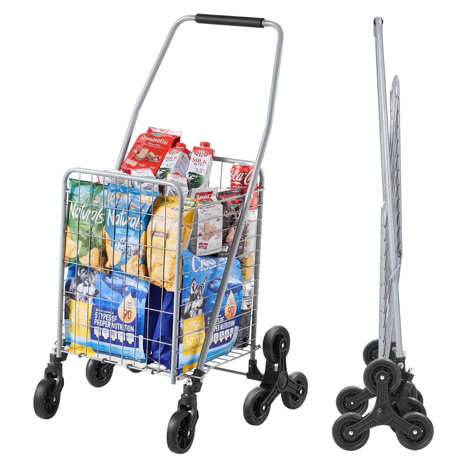 VEVOR Carro de Compra Plegable 45 L Carro para Subir Escaleras con Ruedas Giratorias de 360° Carro Utilitario Ligero 510 x 530 x 950 mm para Compras, Oficina, Mudanzas, Transporte, Exterior, Plata