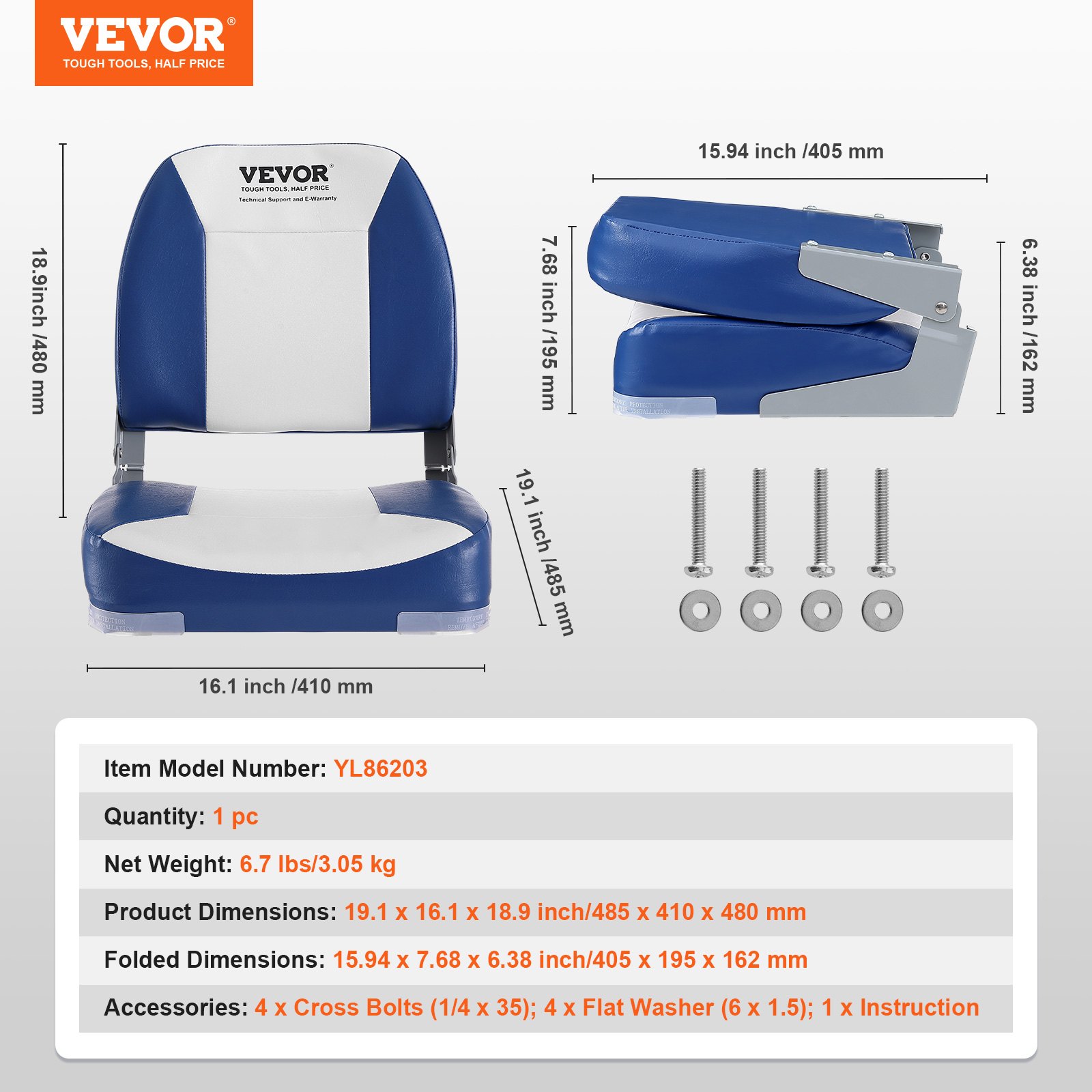 VEVOR Asiento plegable para barco, 2 piezas, cómodo asiento de piloto con respaldo bajo, acolchado de esponja de alta densidad, asiento impermeable para barco para lanchas rápidas, cruceros, barcos de pesca, 48,5x41x48 cm