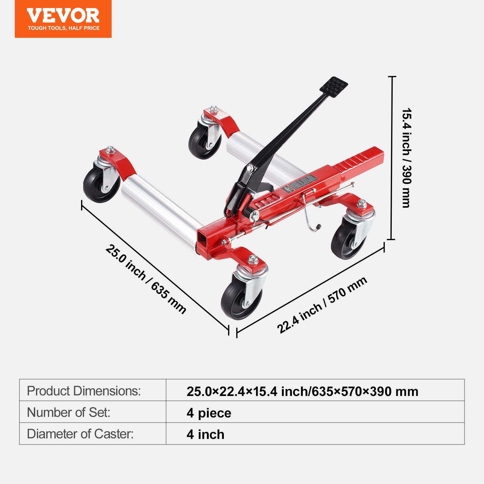 VEVOR Wheel Trolley, Max. Lifting Capacity 1500 lbs Car Trolley, Car Jack with 360° Rotating Wheels, Heavy-Duty Vehicle Positioning Ratchet Jack, for Vehicle Repair and Moving, 4-Pack