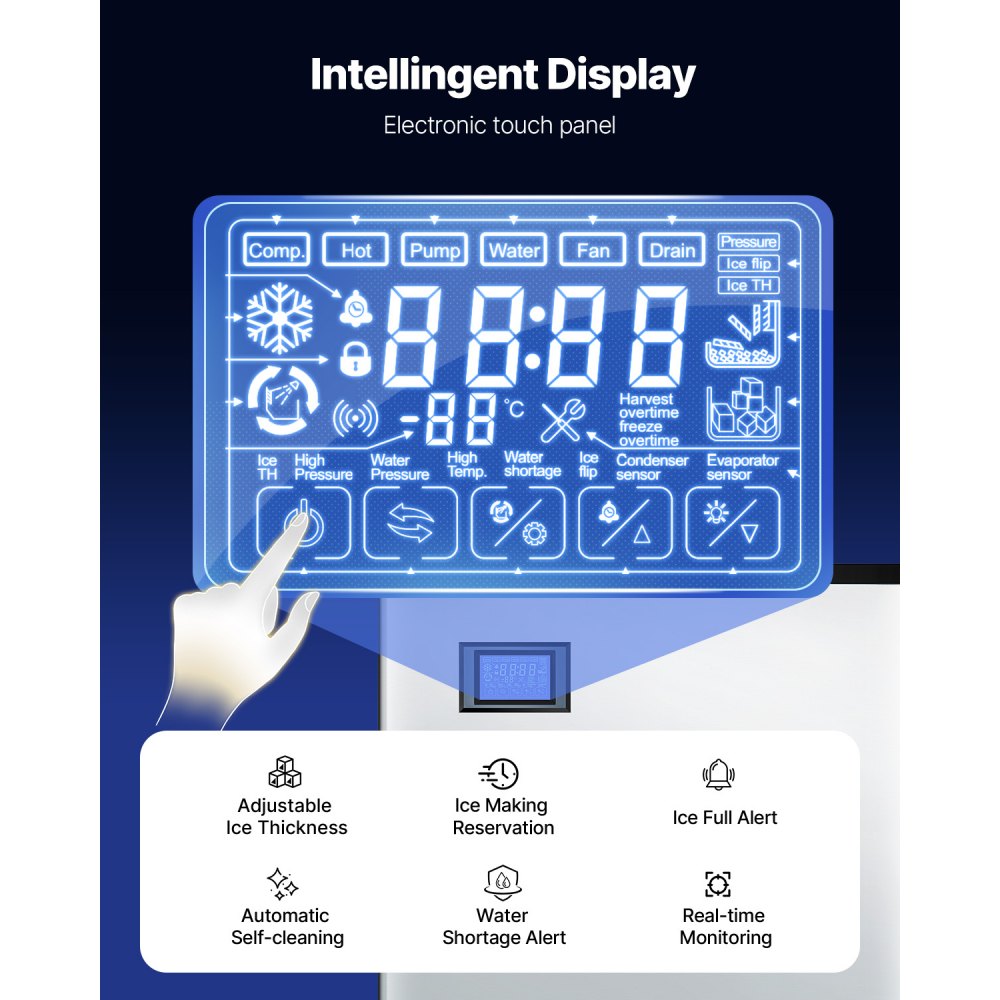 VEVOR Máquina de Hielo 500 libras/24 h Máquina para Fabricar Hielo con Contenedor de Almacenamiento de 250 libras con Autolimpieza Automática Pantalla Táctil para Bar, Cafetería, Restaurante