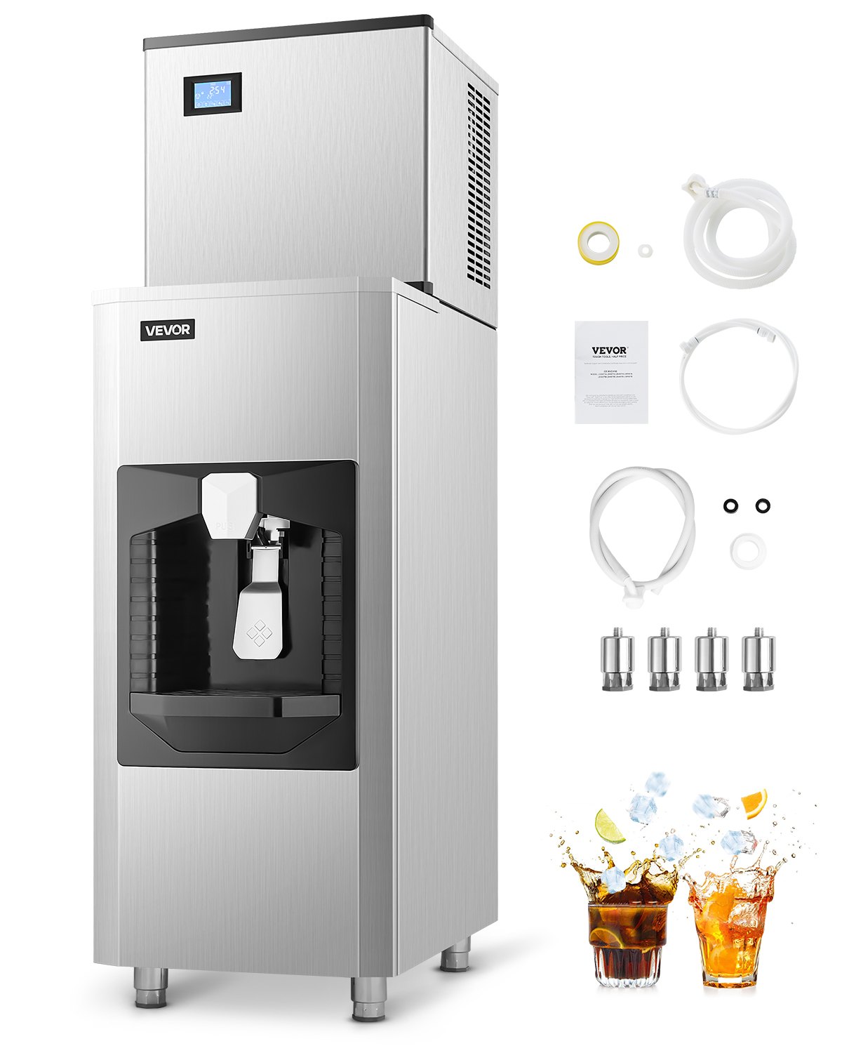 VEVOR Máquina de Hielo, Capacidad de 136 kg/Día, con Dispensador Automático de Hielo de 9 kg/min, Autolimpiable con Pantalla Táctil para Bares, Cafeterías y Restaurantes, 565 x 865 x 1300 mm