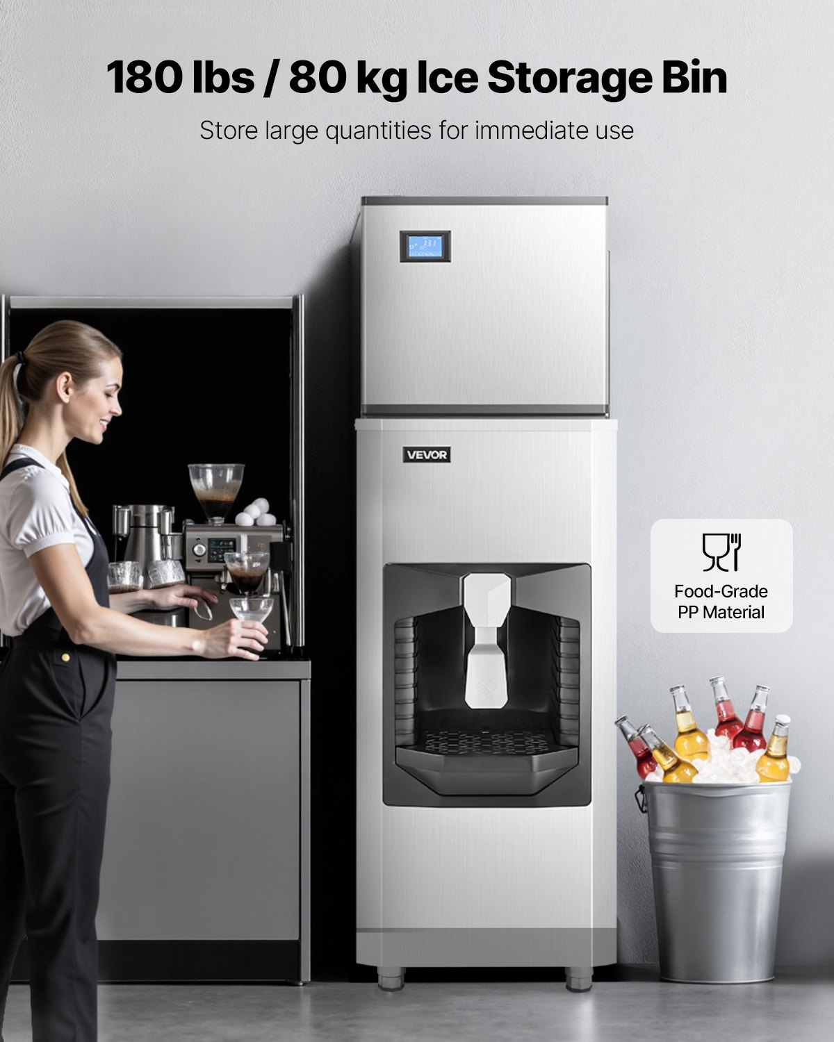 VEVOR Commercial Ice Maker 226.8 kg/day ice machine, 80 kg ice storage bin with automatic ice dispensing of 9 kg/min, self-cleaning ice machine with touchscreen for bar and restaurant