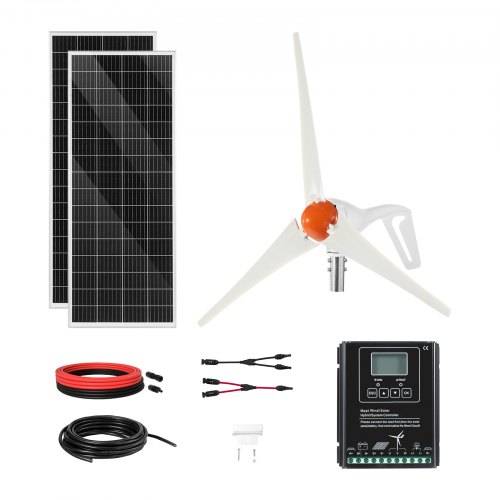 VEVOR Kit de Energía Solar Eólica de 12 V y 400 W con 2 Paneles Solares Monocristalinos de 100 W, Turbina Eólica de 200 W, Controlador Híbrido Eólico/Solar MPPT para Casas Rodantes, Barcos, Camping
