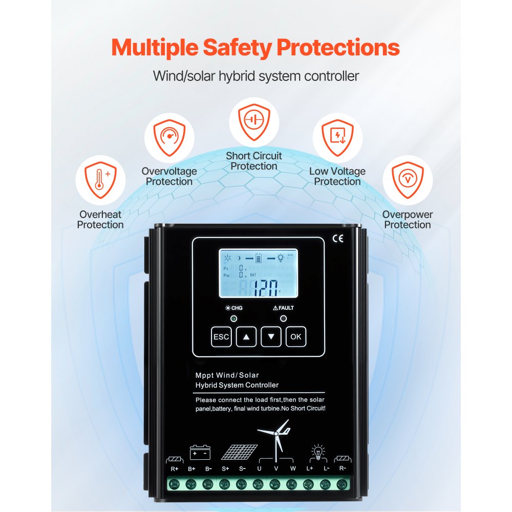 VEVOR 12V 400W Solar Wind Power Kit, 2PCS 100W Monocrystalline Solar Panels + 200W Wind Turbine + MPPT Wind/Solar Hybrid System Controller for Home RV Boat Camping Off-Grid Applications