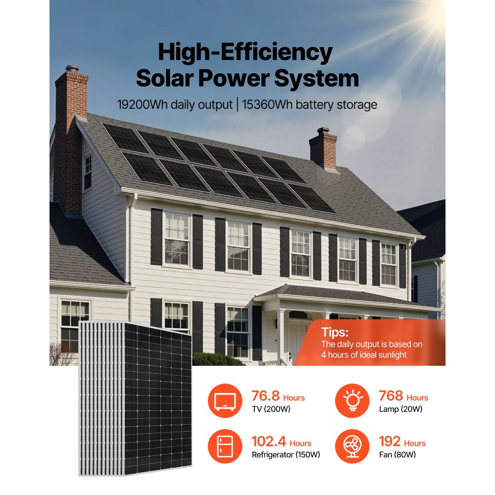 VEVOR Kit Completo de Energía Solar 4800 W 48 V, con 12 Paneles Solares Monocristalinos 400 W, Batería LiFePO₄ de 51,2 V 300 Ah, 2 Inversores Híbridos de 5000 W para Cobertizos, Granjas, Casas