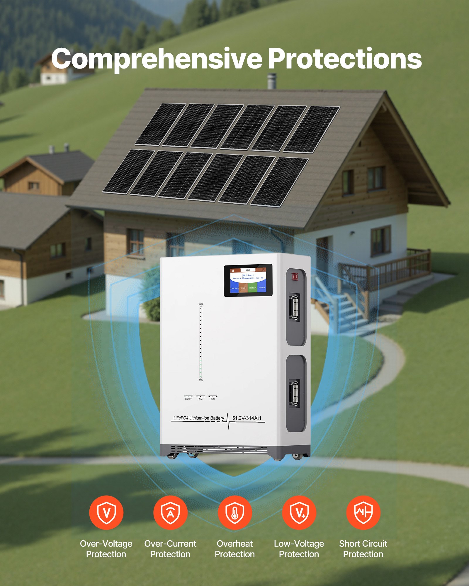 VEVOR Kit Completo de Energía Solar 4800 W 48 V, con 12 Paneles Solares Monocristalinos 400 W, Batería LiFePO₄ de 51,2 V 300 Ah, 2 Inversores Híbridos de 5000 W para Cobertizos, Granjas, Casas