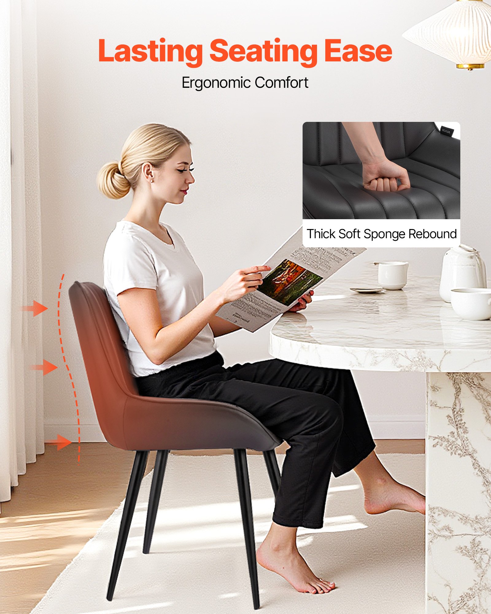 VEVOR Sillas de Comedor 8 Piezas Silla Decorativa Tapizadas en Tela con Patas de Metal Asiento de Cocina con Cojines Gruesos Capacidad de Carga de 136 kg Altura del Asiento de 480 mm para Sala, Negro