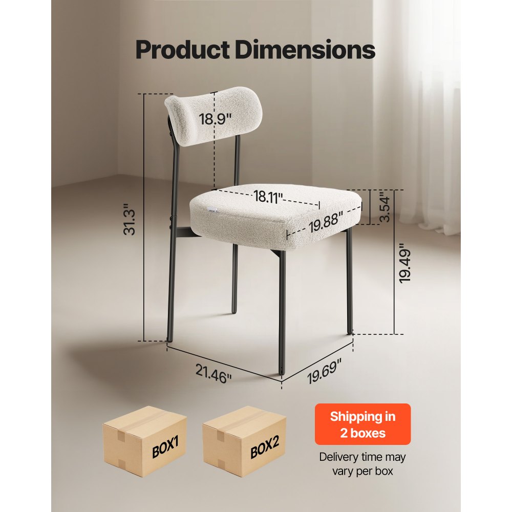 VEVOR Boucle Dining Chairs Set of 6, Mid Century Modern Sherpa Accent Chairs, Upholstered Side Chair for Dining Table, Space-Saving White Kitchen Table Chair with Curved Backrest and Black Metal Legs