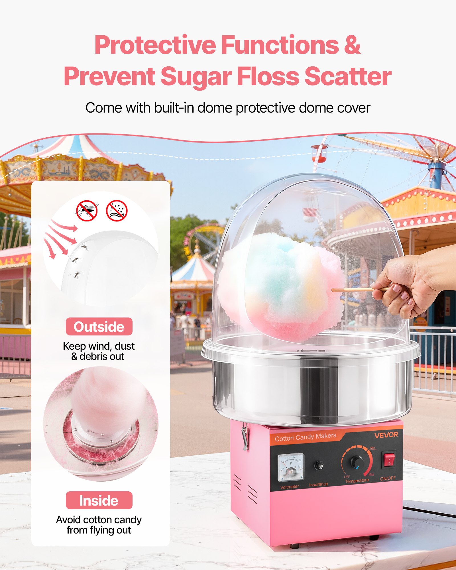 VEVOR Máquina Eléctrica de Algodón de Azúcar 1000 W, Máquina para Hacer Algodón de Azúcar con Tapa, Recipiente de Acero Inoxidable y Cuchara para Azúcar, para Carnavales, Cumpleaños, Fiestas, Rosa