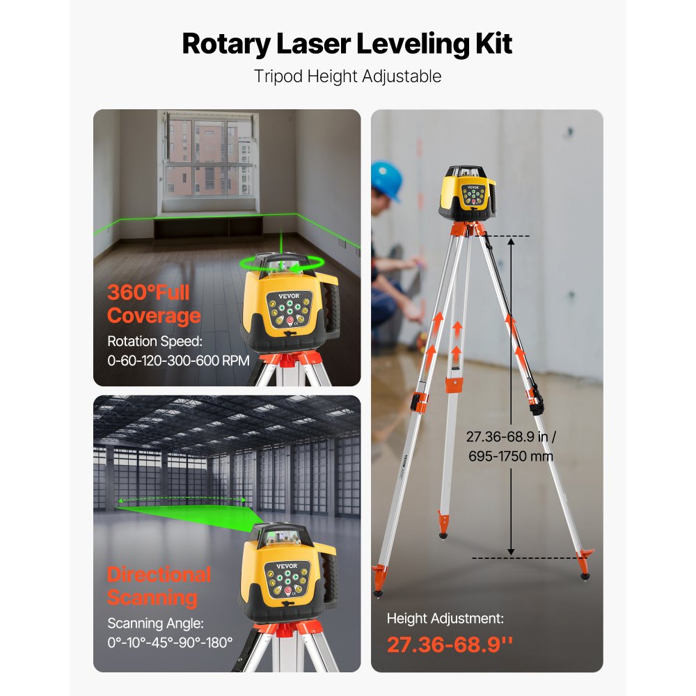 VEVOR Kit de Nivel Láser Giratorio con Trípode y Regla de Medición Láser Verde, Alcance de 500 m, Giro de 360°, Ángulo de Escaneo Flexible, con Receptor de Control Remoto y Estuche de Transporte