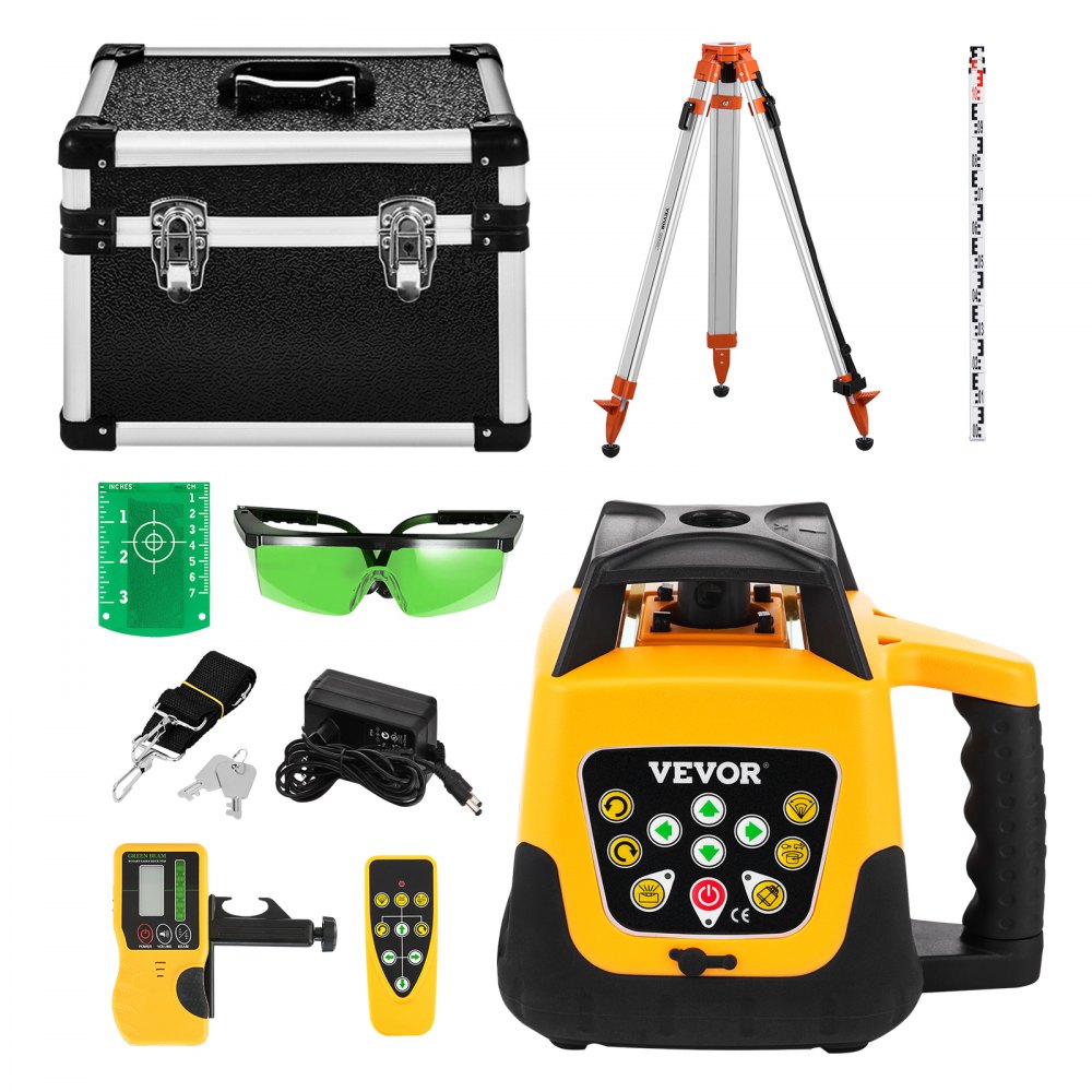 VEVOR Kit de Nivel Láser Giratorio con Trípode y Regla de Medición Láser Verde, Alcance de 500 m, Giro de 360°, Ángulo de Escaneo Flexible, con Receptor de Control Remoto y Estuche de Transporte
