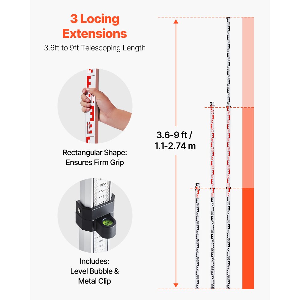 VEVOR Kit de Nivel Láser Giratorio con Trípode y Mira Telescópica Láser Roja, Alcance de 300 m, Giro de 360°, Ángulo de Escaneo Flexible, con Receptor de Control Remoto y Estuche de Transporte