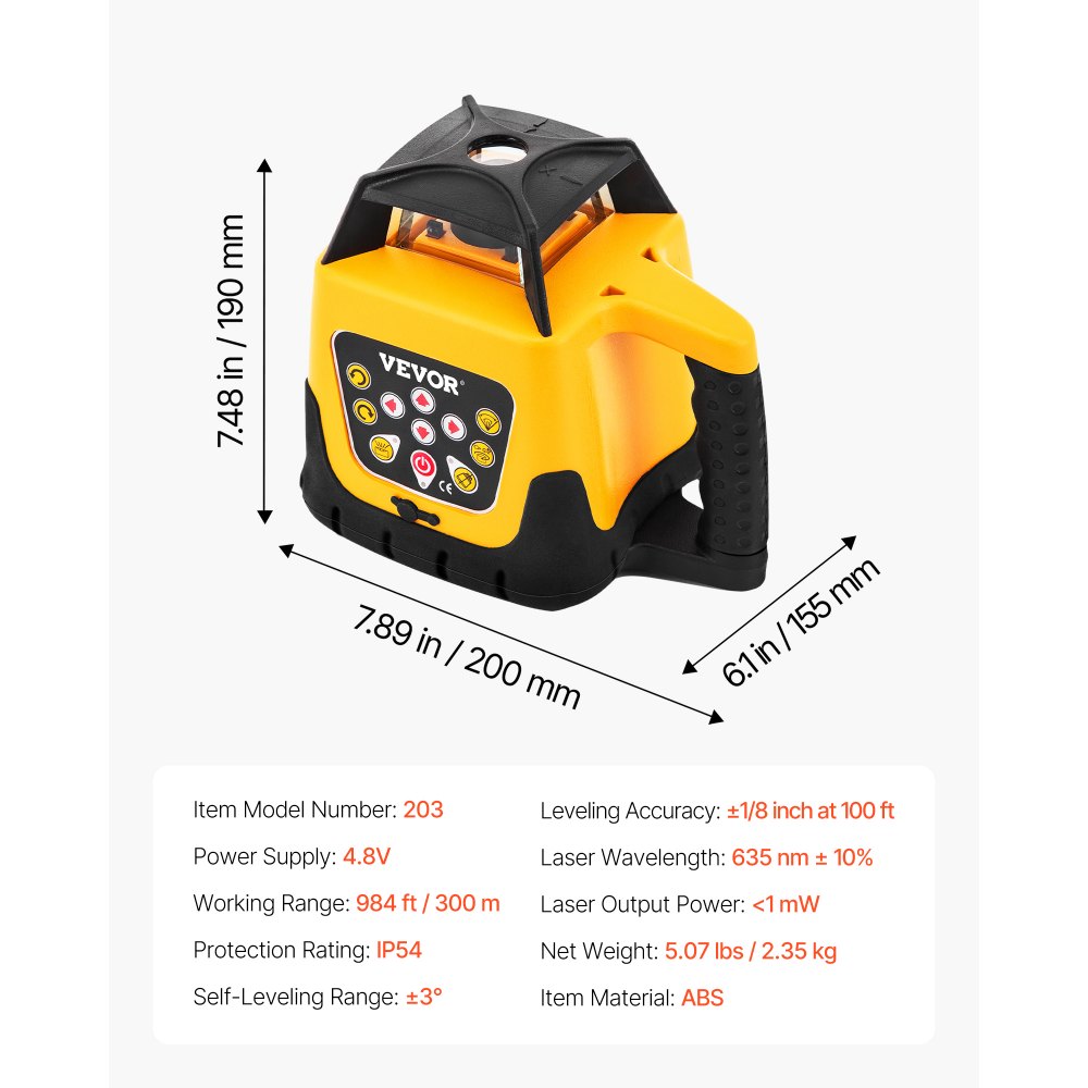 VEVOR Kit de Nivel Láser Giratorio con Trípode y Mira Telescópica Láser Roja, Alcance de 300 m, Giro de 360°, Ángulo de Escaneo Flexible, con Receptor de Control Remoto y Estuche de Transporte