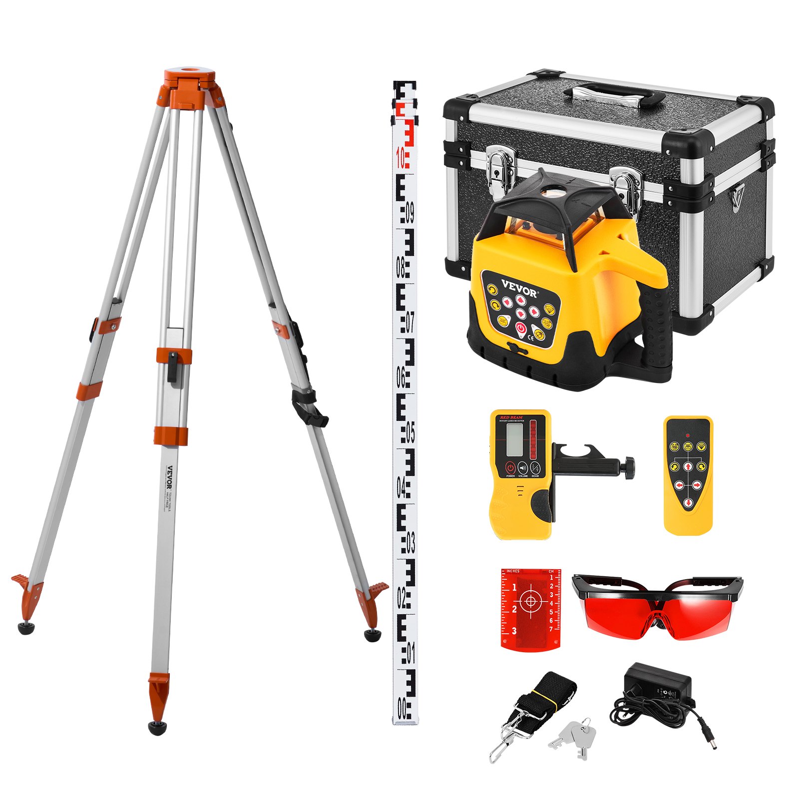 VEVOR Kit de Nivel Láser Giratorio con Trípode y Mira Telescópica Láser Roja, Alcance de 300 m, Giro de 360°, Ángulo de Escaneo Flexible, con Receptor de Control Remoto y Estuche de Transporte