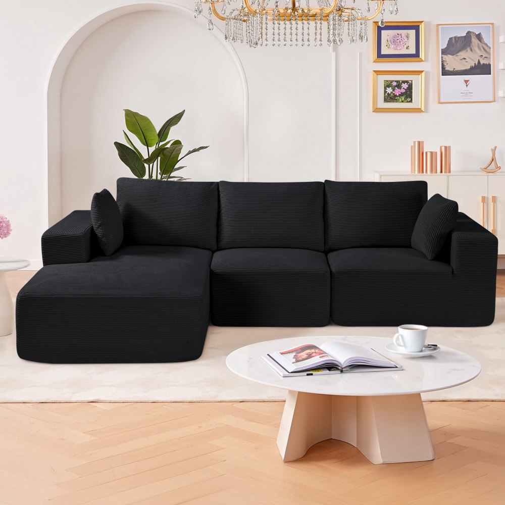 VEVOR Sofá Modular Seccional en Forma de L 2650 x 1650 x 570 mm, Sofá Seccional Nube con Esponja de Alto Rebote y Densidad, Sofá de Pana Tapizado con Cojín para Sala de Estar, Apartamento, Negro