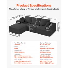 VEVOR Sofá Modular Seccional en Forma de L 2650 x 1650 x 570 mm con Cojín, Negro