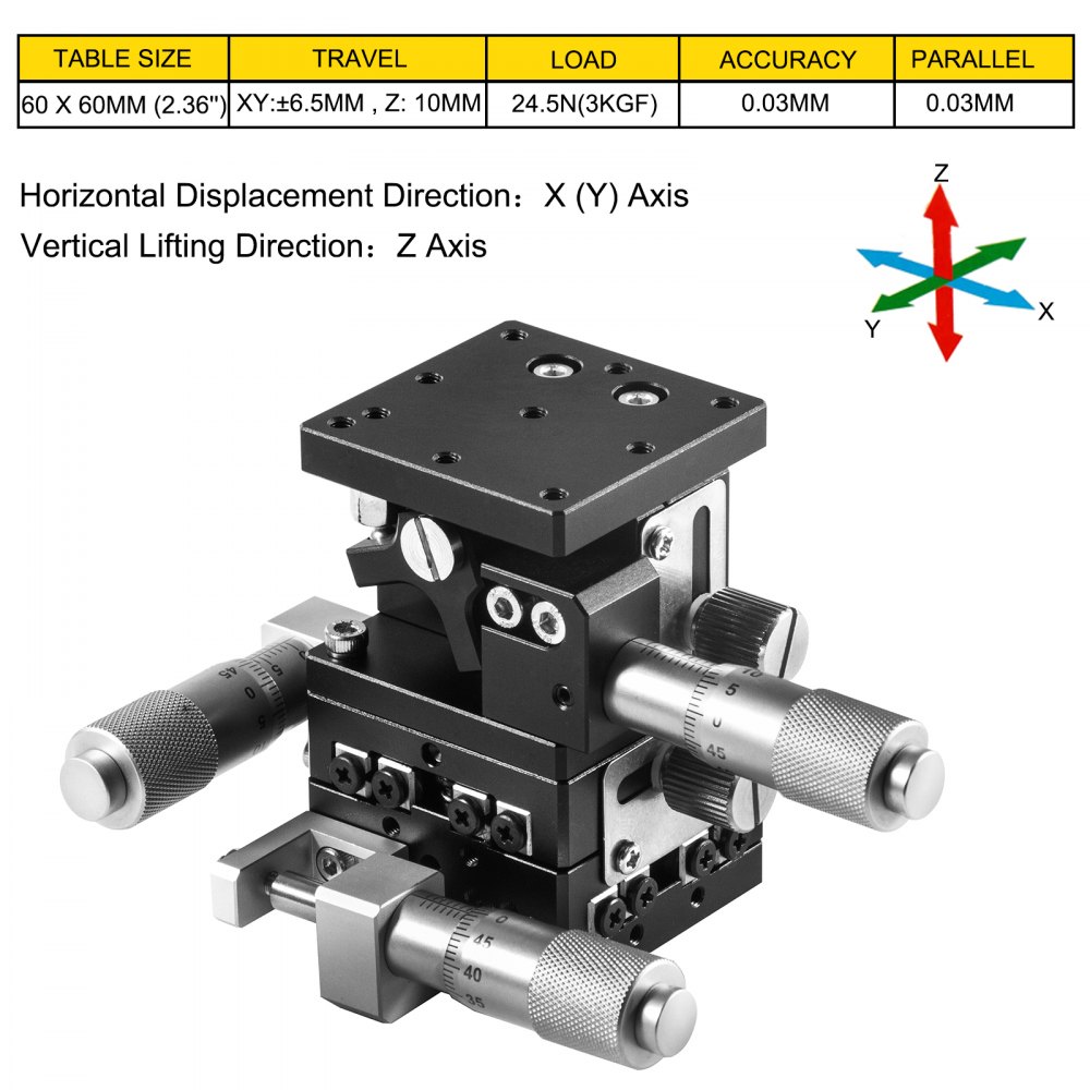 VEVOR Etapa Lineal 60 x 60 mm Plataforma de Recorte Manual XY ± 6,5 mm Z 10 mm Plataforma de Ajuste de Etapa Lineal para Aparatos ópticos Equipos de Medición Equipos de Fabricación de Semiconductores
