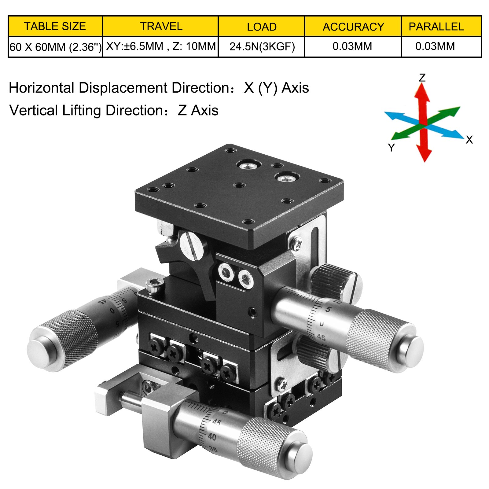 VEVOR Etapa Lineal 60 x 60 mm Plataforma de Recorte Manual XY ± 6,5 mm Z 10 mm Plataforma de Ajuste de Etapa Lineal para Aparatos ópticos Equipos de Medición Equipos de Fabricación de Semiconductores