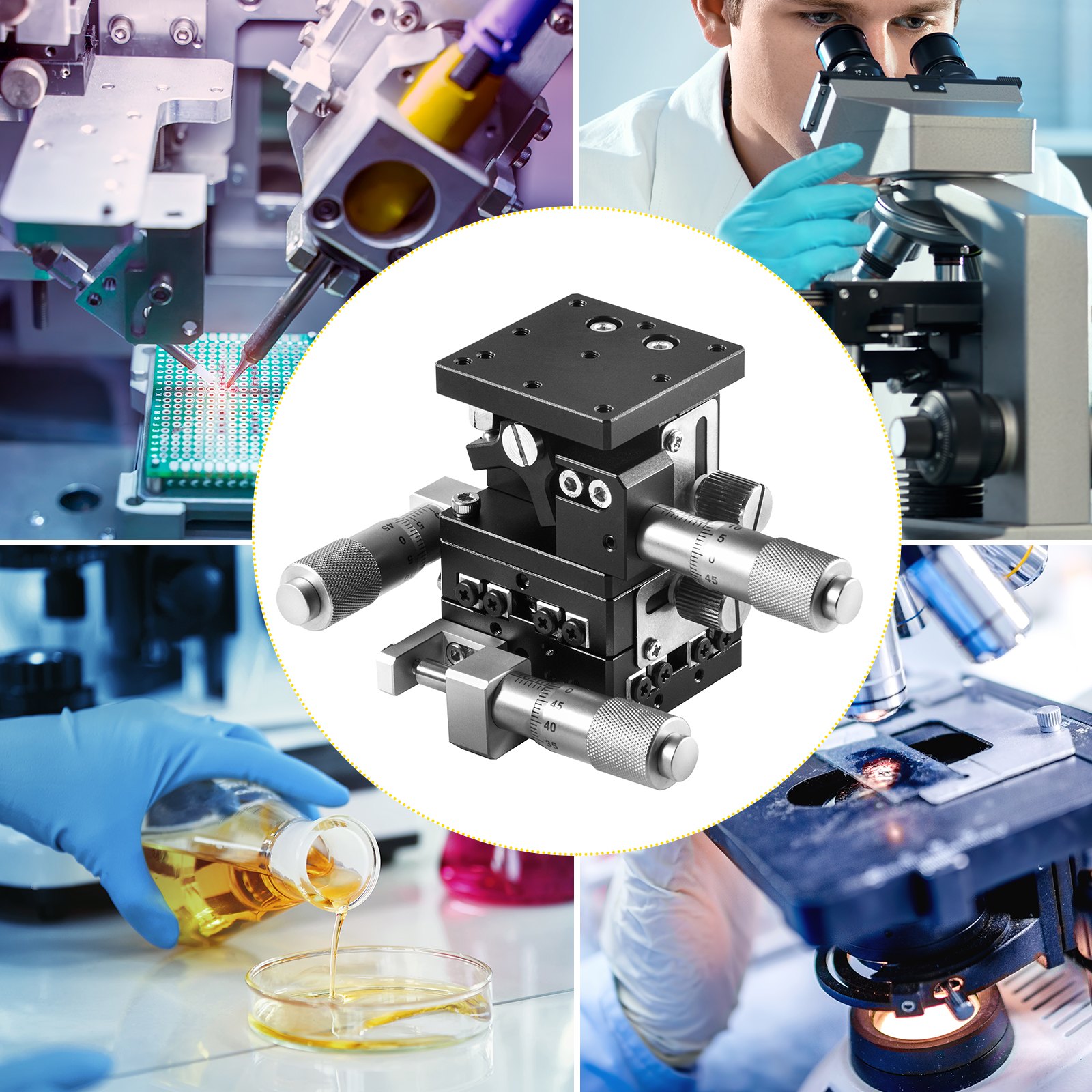 VEVOR Etapa Lineal 60 x 60 mm Plataforma de Recorte Manual XY ± 6,5 mm Z 10 mm Plataforma de Ajuste de Etapa Lineal para Aparatos ópticos Equipos de Medición Equipos de Fabricación de Semiconductores