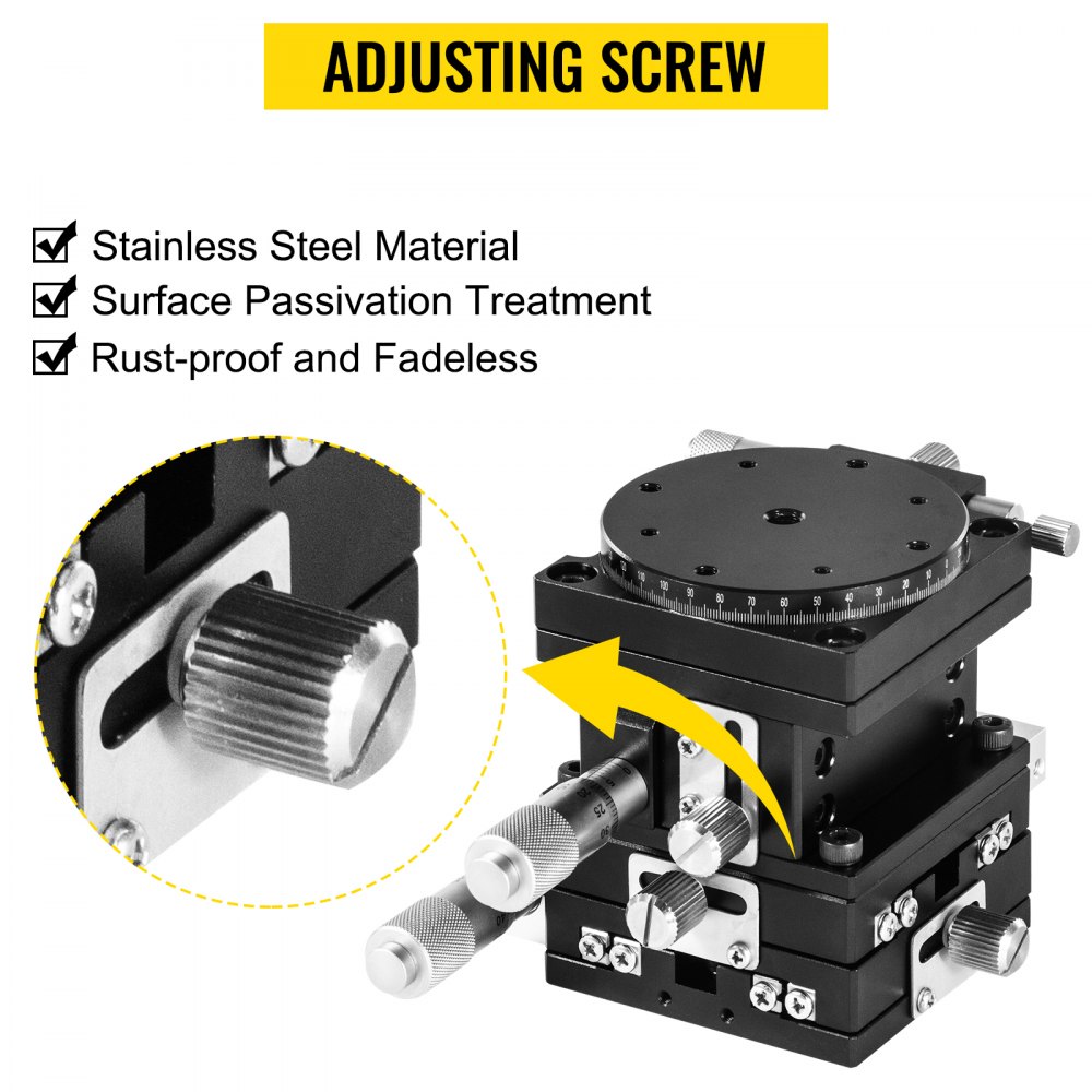 VEVOR Etapa Lineal 90x90mm Plataforma de Recorte Manual XY ±6,5mm Z 10mm R 360° Plataforma de Ajuste de Etapa Lineal para Aparatos ópticos Equipos de Medición Equipos de Fabricación de Semiconductores