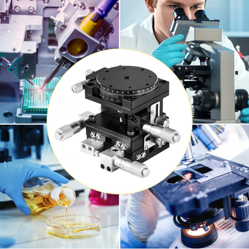 VEVOR Etapa Lineal 90x90mm Plataforma de Recorte Manual XY ±6,5mm Z 10mm R 360° Plataforma de Ajuste de Etapa Lineal para Aparatos ópticos Equipos de Medición Equipos de Fabricación de Semiconductores