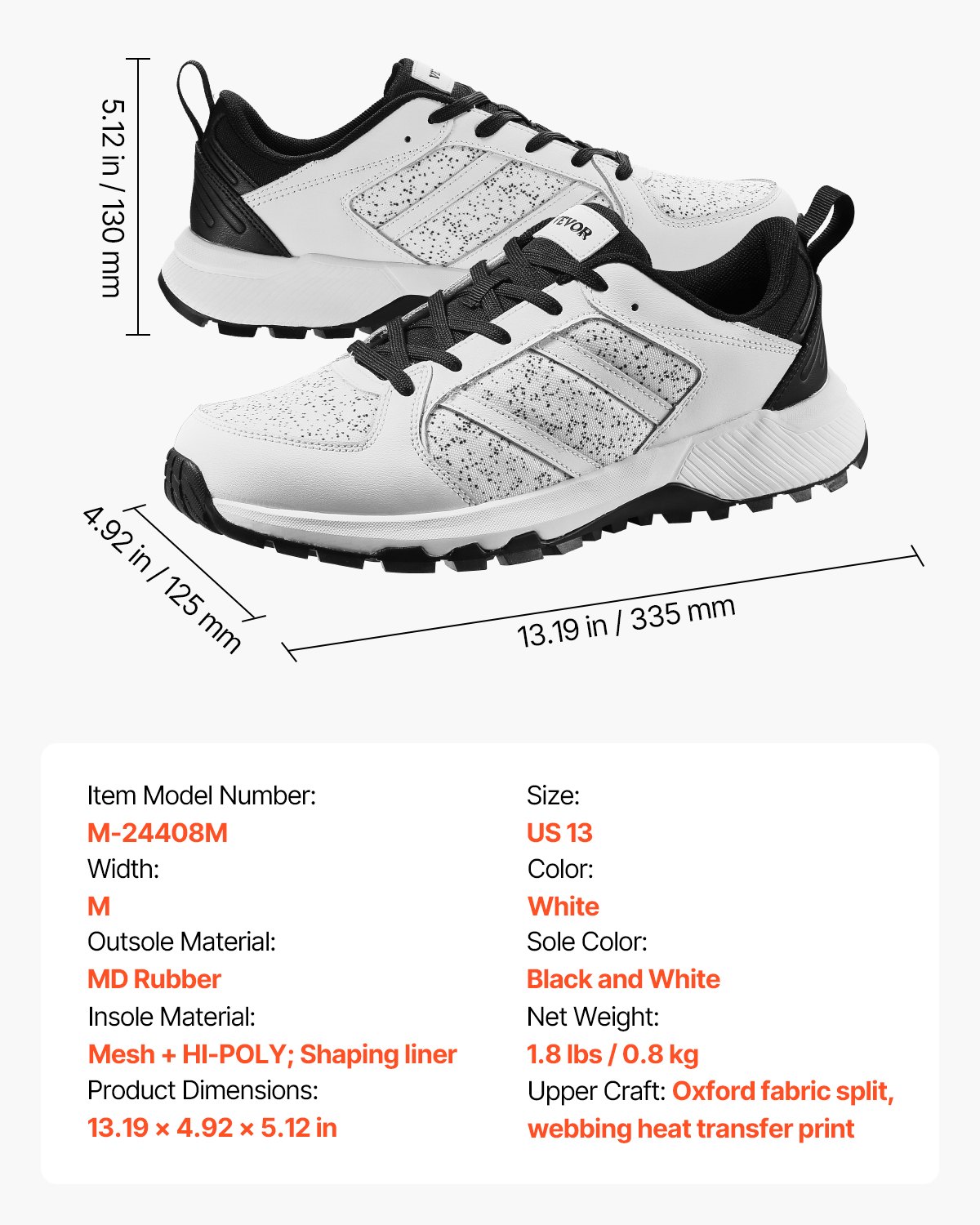 VEVOR Cross-Training Shoes, Sneakers in Medium Width, US Size 13, with Arch Support & Adjustable Laces, for Running, Gymnastics, Dog Walking & Weightlifting (White)