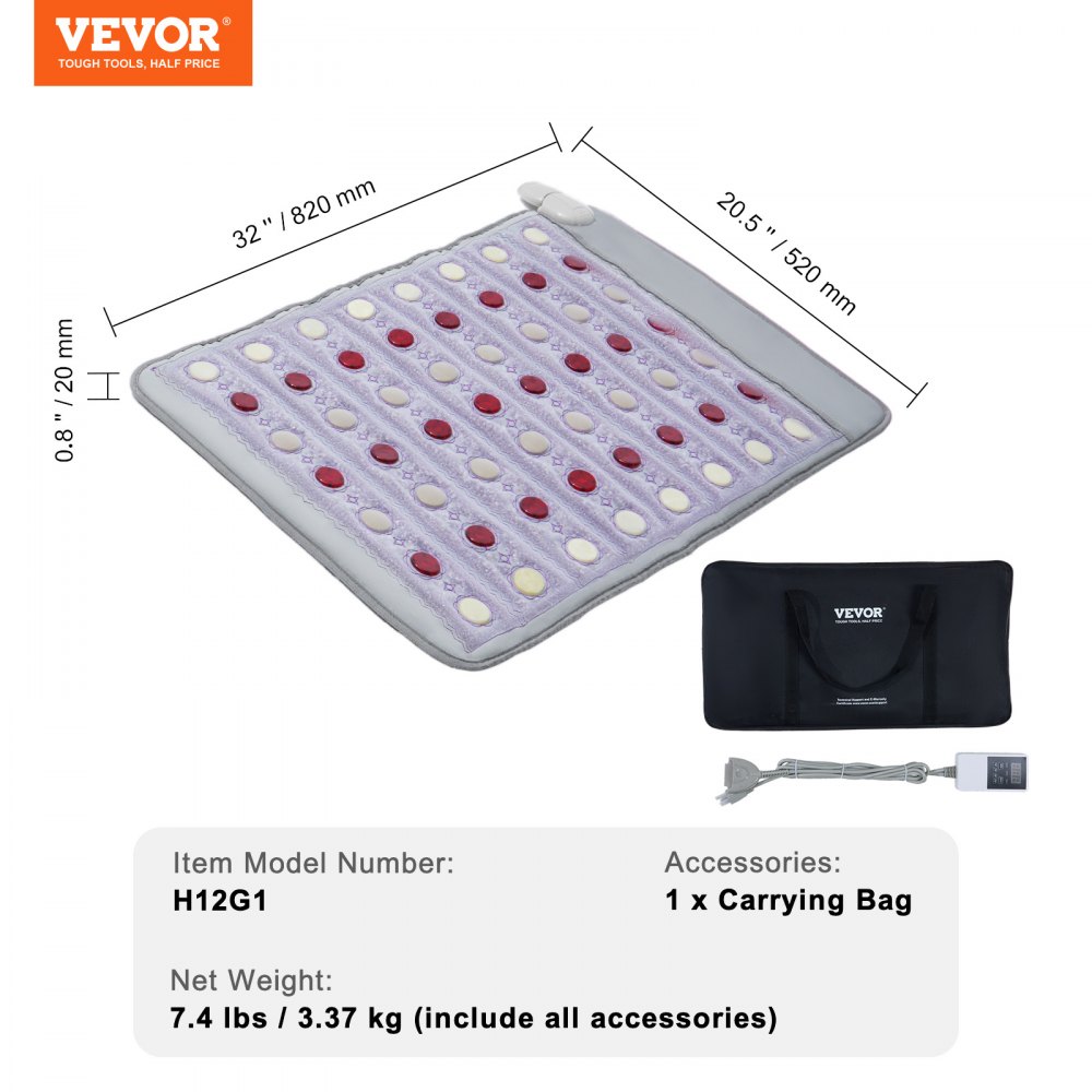 VEVOR Almohadilla Térmica de Infrarrojos Lejanos de Piedras de Jade y Turmalina con Luz de Fotones de 660 nm, con Temporizador de 0 a 720 Minutos para Aliviar el Dolor de Espalda, 820 x 520 x 15 mm