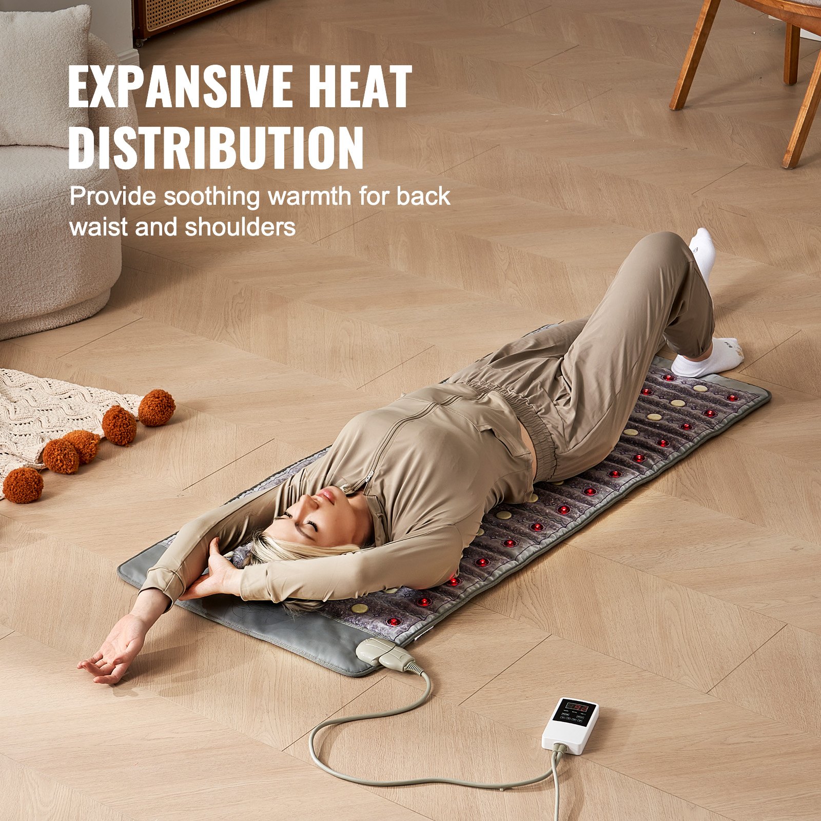 VEVOR Far Infrared Heat Belt, Heating Pad with Jade & Tourmaline Stones, 660 nm Photon Light & Negative Ions, 39-70℃ Hot Gemstone Mat with 0-720 Min Timer for Waist & Shoulder (1530x615x20mm)