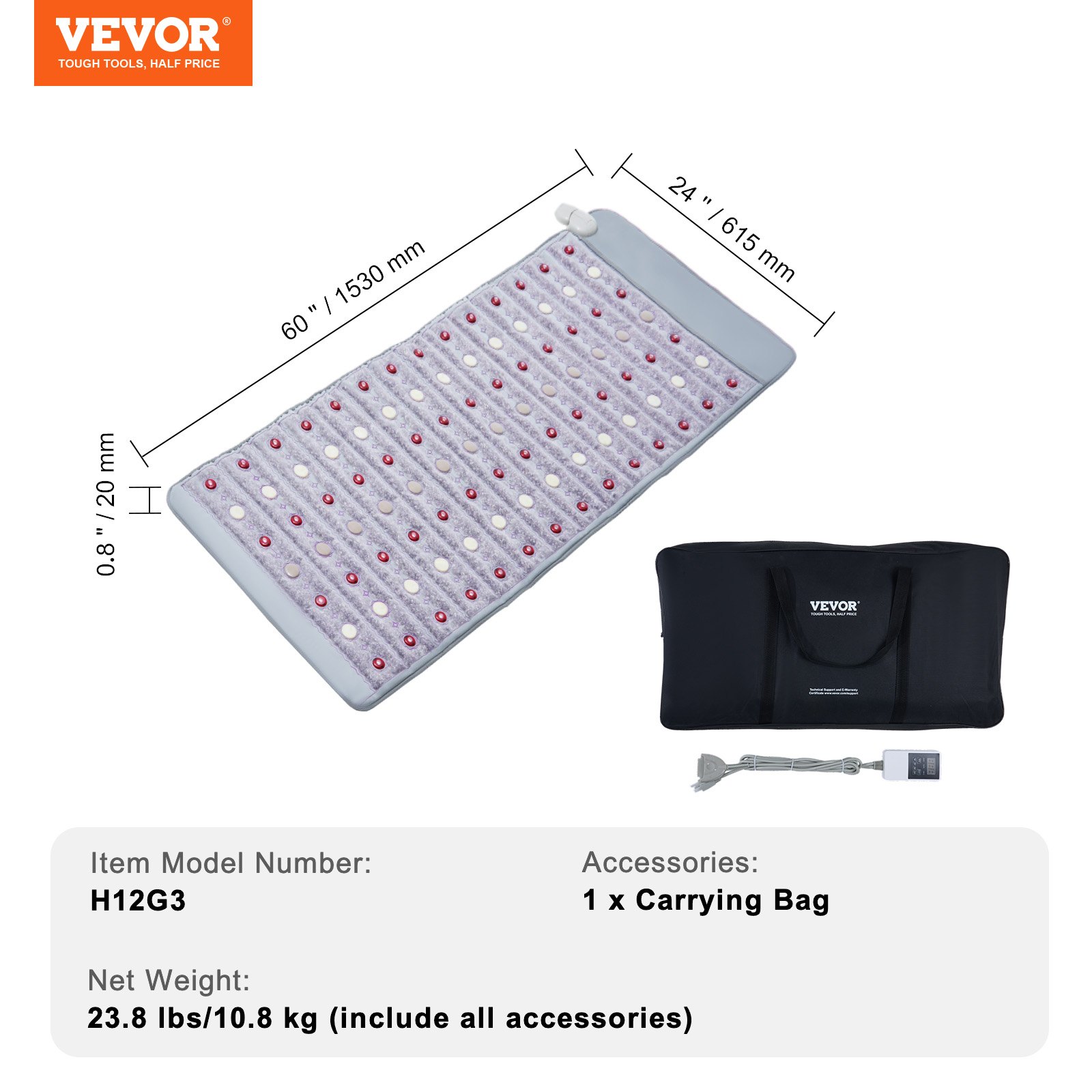 VEVOR Far Infrared Heat Belt, Heating Pad with Jade & Tourmaline Stones, 660 nm Photon Light & Negative Ions, 39-70℃ Hot Gemstone Mat with 0-720 Min Timer for Waist & Shoulder (1530x615x20mm)