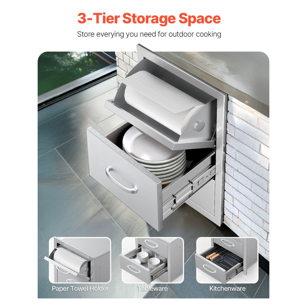 VEVOR Cajones de Cocina para Exteriores con Triple Acceso, Armarios Empotrados de Acero Inoxidable, Isla de Barbacoa con Portarrollos y Tirador, para Parrilla de Patio, 420 x 520 x 736±10 mm