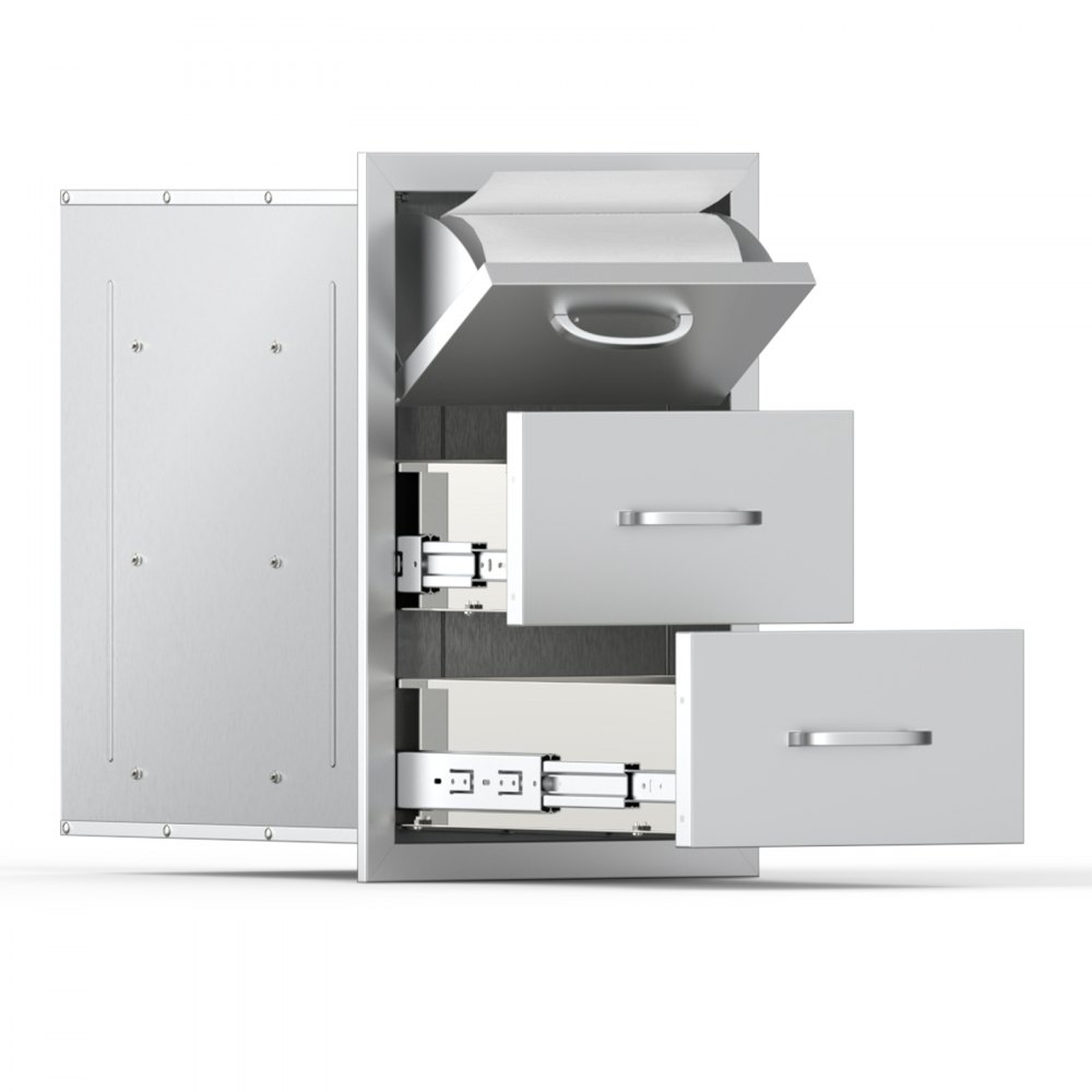 VEVOR Cajones de Cocina para Exteriores con Triple Acceso, Armarios Empotrados de Acero Inoxidable, Isla de Barbacoa con Portarrollos y Tirador, para Parrilla de Patio, 420 x 520 x 736±10 mm
