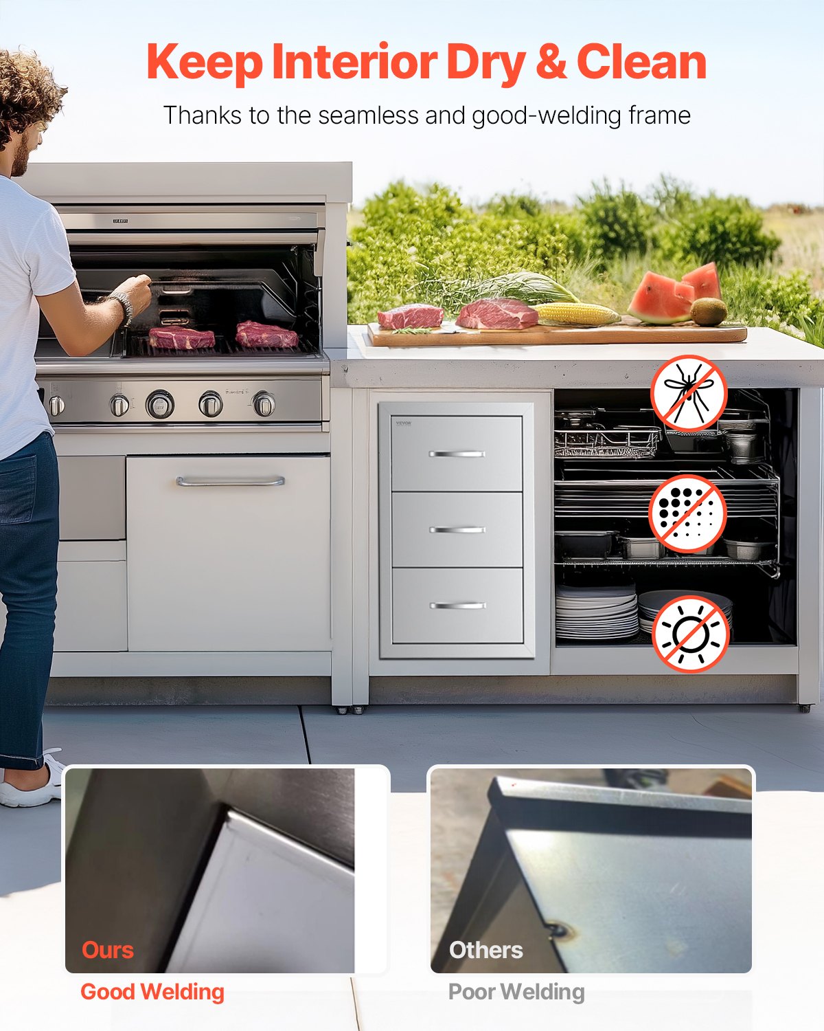 VEVOR Cajones de Cocina para Exteriores con Triple Acceso, Armarios Empotrados de Acero Inoxidable, Isla de Barbacoa con Portarrollos y Tirador, para Parrilla de Patio, 420 x 520 x 736±10 mm