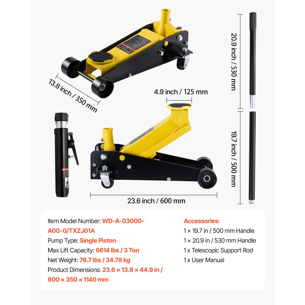 VEVOR Gato de Perfil Bajo Capacidad de 3 t, Gato Hidráulico con Bomba de Elevación Rápida de Pistón Único, Rango de Elevación 130 a 500 mm, Barra de Soporte, para Autos Deportivos, SUV, Camionetas