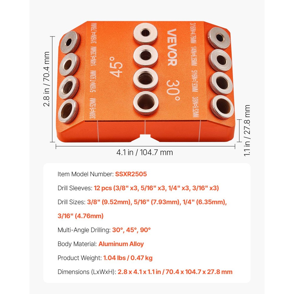 VEVOR Guía de Perforación, Ángulo de 30/45/90 Grados 4 Tamaños, Plantilla de Guía de Perforación de Precisión Portátil para Perforar Agujeros en Ángulo u Horizontales para Barandillas, Postes