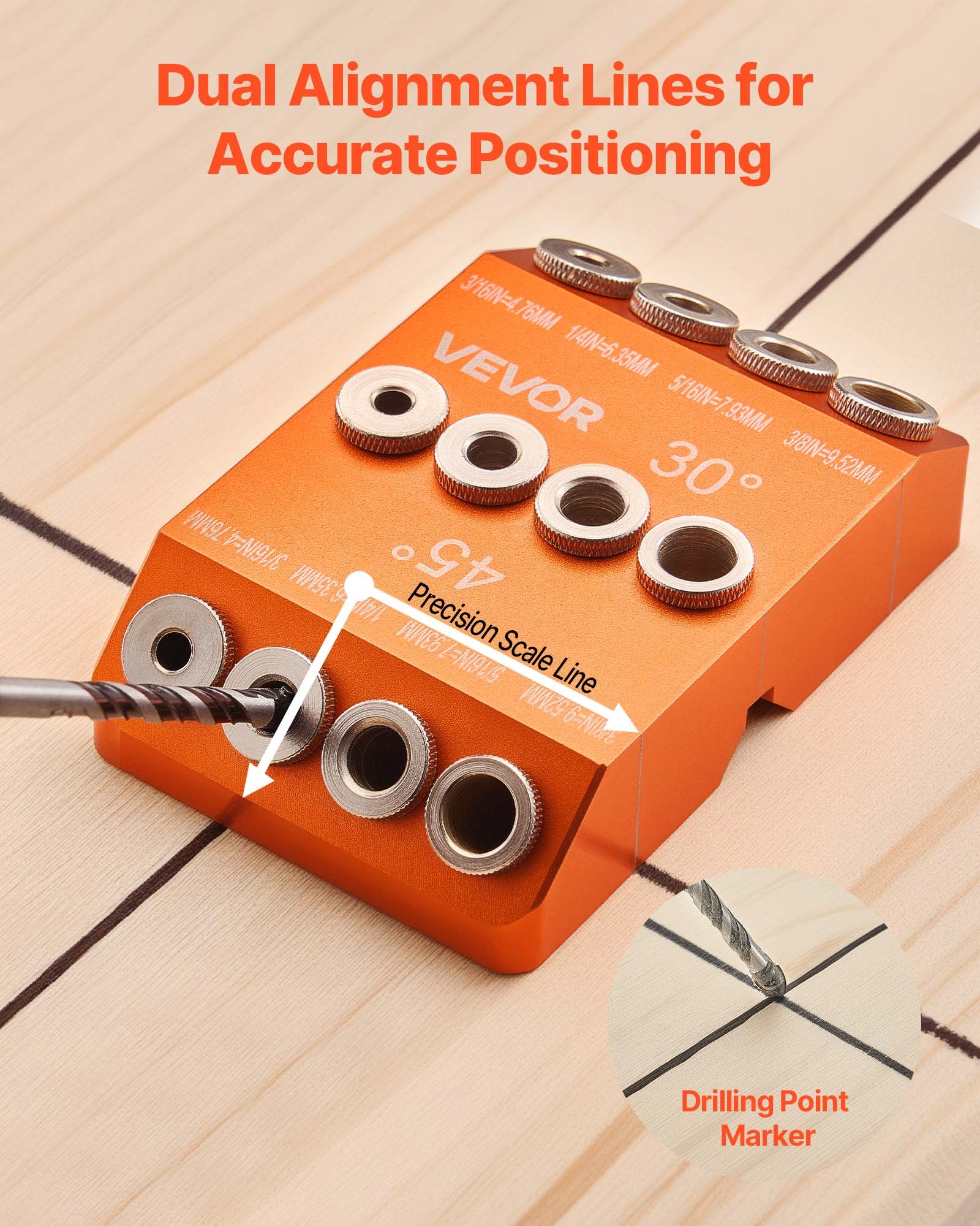 VEVOR Drill Guide, 30/ 45/ 90 Degree Angle 4 Sizes Portable Precision Drilling Guide Jig, for Drilling Angled or Horizontal Holes, Aluminum Alloy, for Deck Cable Railing Wood Post Stair Handrail