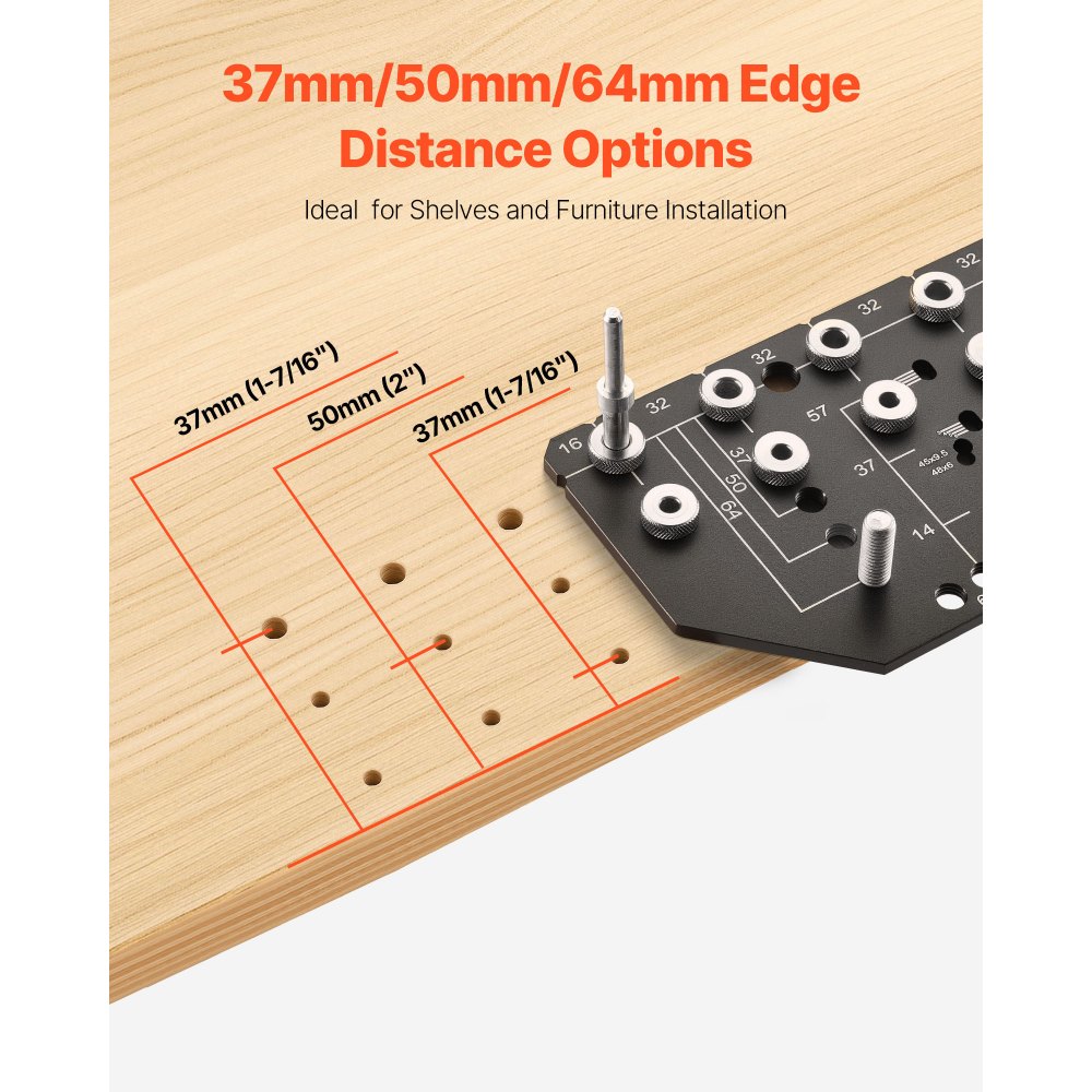 VEVOR Shelf Pin Jig and Hinge Jig Two-in-One, Aluminum Alloy Cabinet Hardware Hole Drilling Template with 6.4 and 4.8 mm Drill Bits, for Cabinet Doors Bookshelves Wardrobes Woodworking and DIY