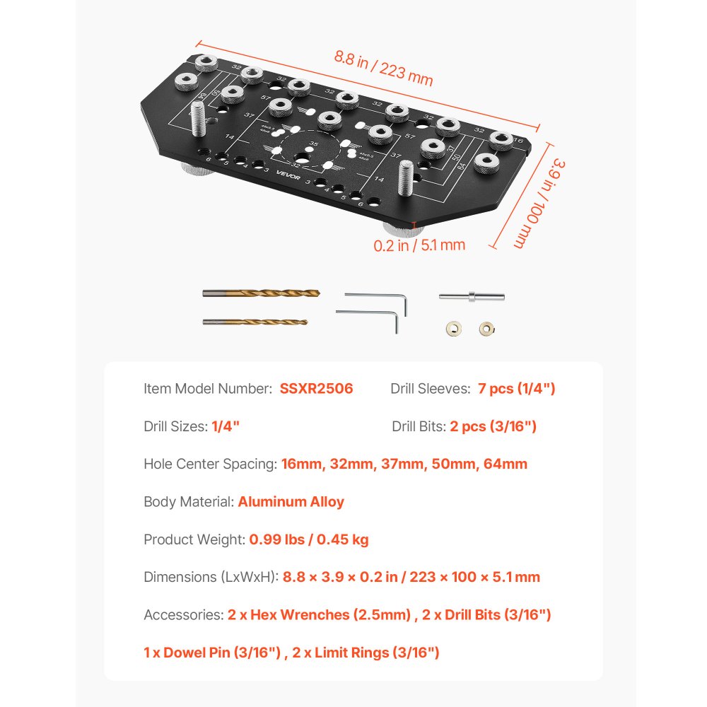 VEVOR Shelf Pin Jig and Hinge Jig Two-in-One, Aluminum Alloy Cabinet Hardware Hole Drilling Template with 6.4 and 4.8 mm Drill Bits, for Cabinet Doors Bookshelves Wardrobes Woodworking and DIY