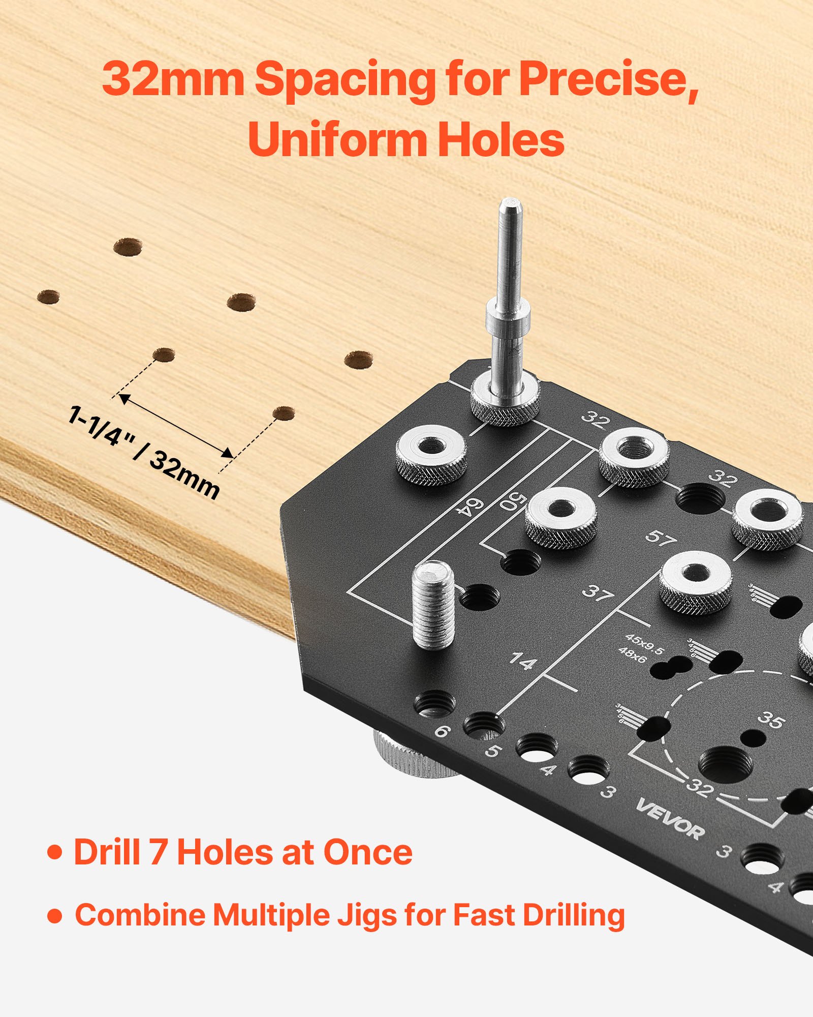 VEVOR Shelf Pin Jig and Hinge Jig Two-in-One, Aluminum Alloy Cabinet Hardware Hole Drilling Template with 6.4 and 4.8 mm Drill Bits, for Cabinet Doors Bookshelves Wardrobes Woodworking and DIY