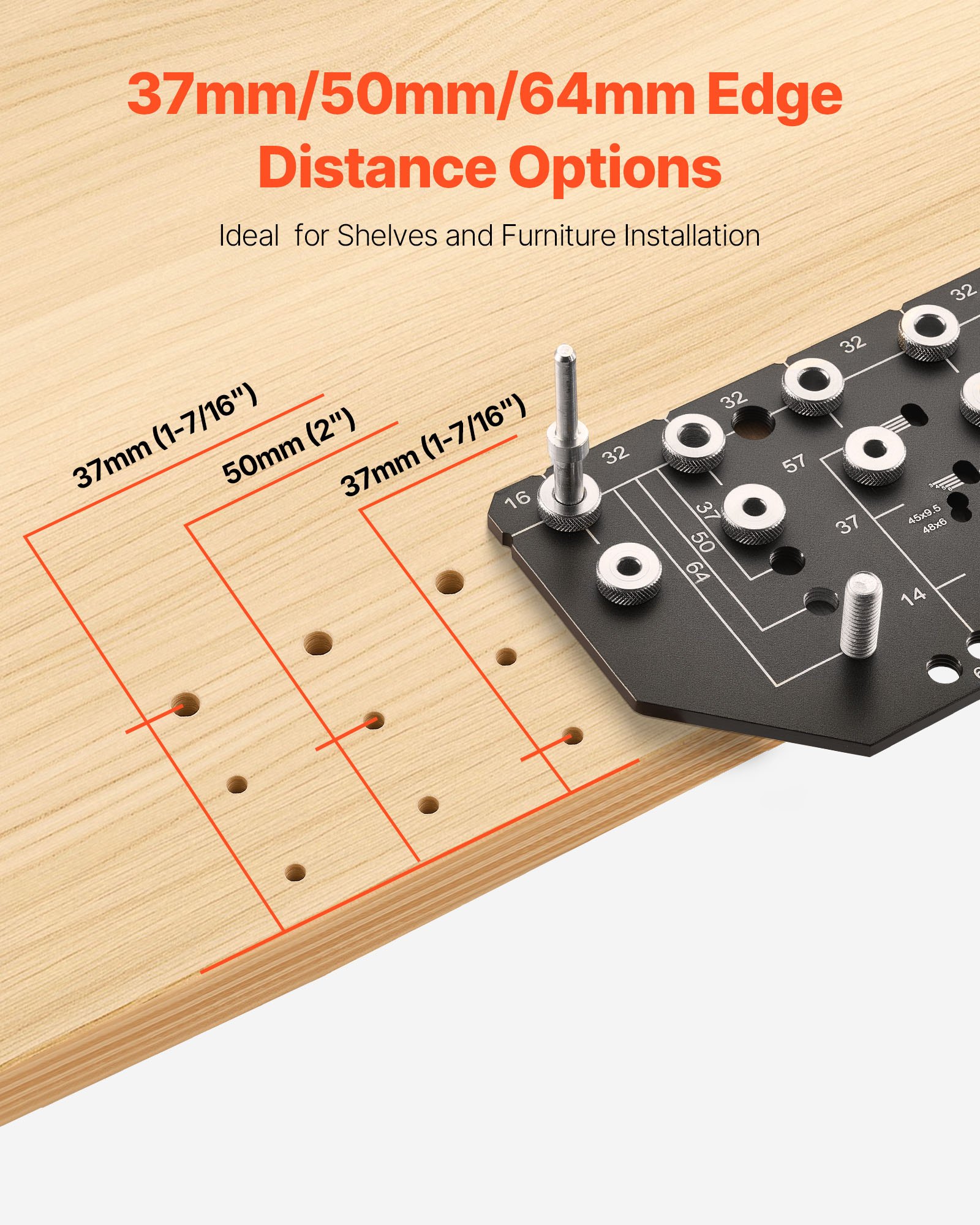 VEVOR Shelf Pin Jig and Hinge Jig Two-in-One, Aluminum Alloy Cabinet Hardware Hole Drilling Template with 6.4 and 4.8 mm Drill Bits, for Cabinet Doors Bookshelves Wardrobes Woodworking and DIY