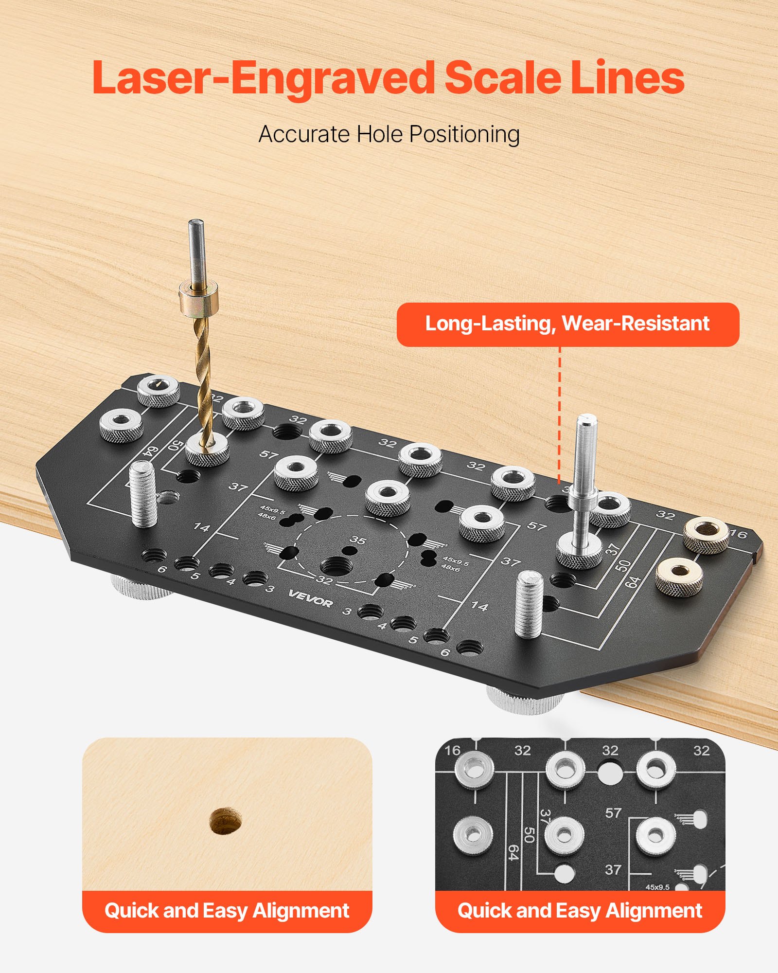 VEVOR Shelf Pin Jig and Hinge Jig Two-in-One, Aluminum Alloy Cabinet Hardware Hole Drilling Template with 6.4 and 4.8 mm Drill Bits, for Cabinet Doors Bookshelves Wardrobes Woodworking and DIY