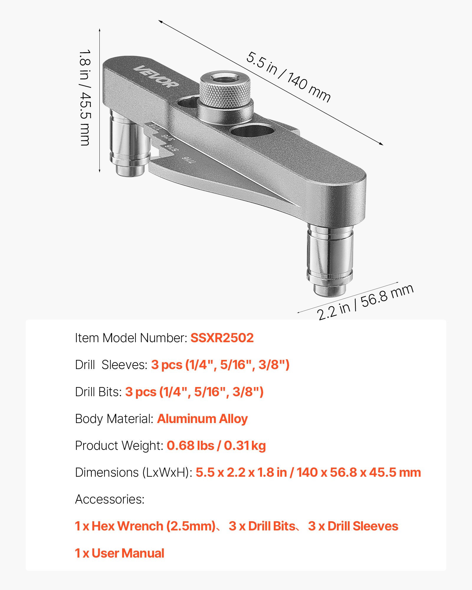 VEVOR Doweling Jig Kit, Self Centering Dowel Drill Jig for Straight Holes, with Drill Bit Set 6.4 / 7.9 / 9.5 mm and Drill Bit Stop Collar Set, Aluminum Alloy Woodworking Tools for Drilling, Marking