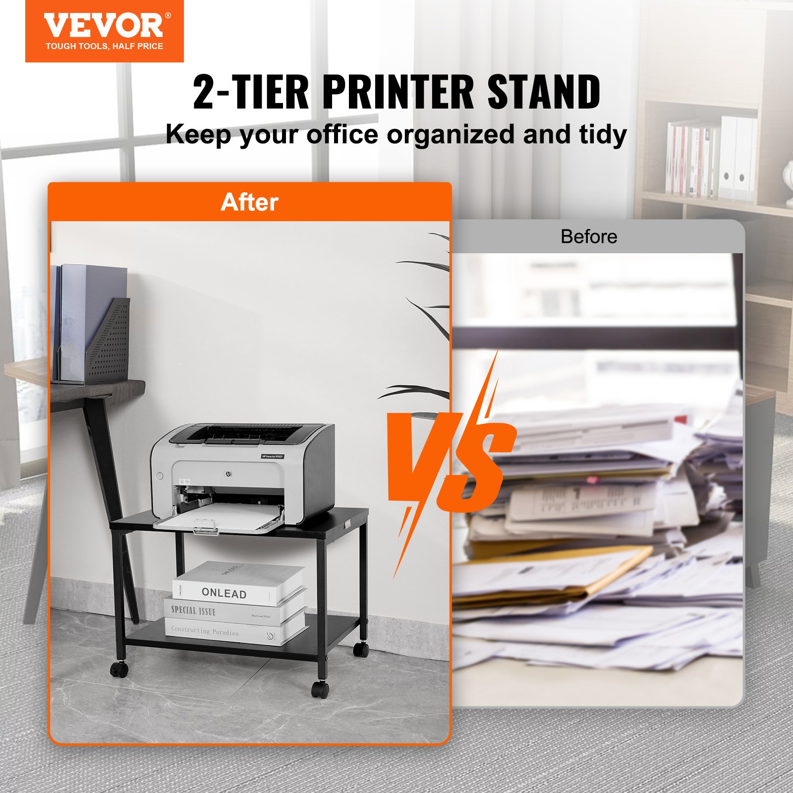 VEVOR Soporte de Impresora 2 Niveles Estante de Impresora Móvil 48x34x34 cm Carro de Impresora de Acero al Carbono Capacidad de Carga 25 kg por Capa Armario de Almacenamiento Escáner Fax Oficina Hogar