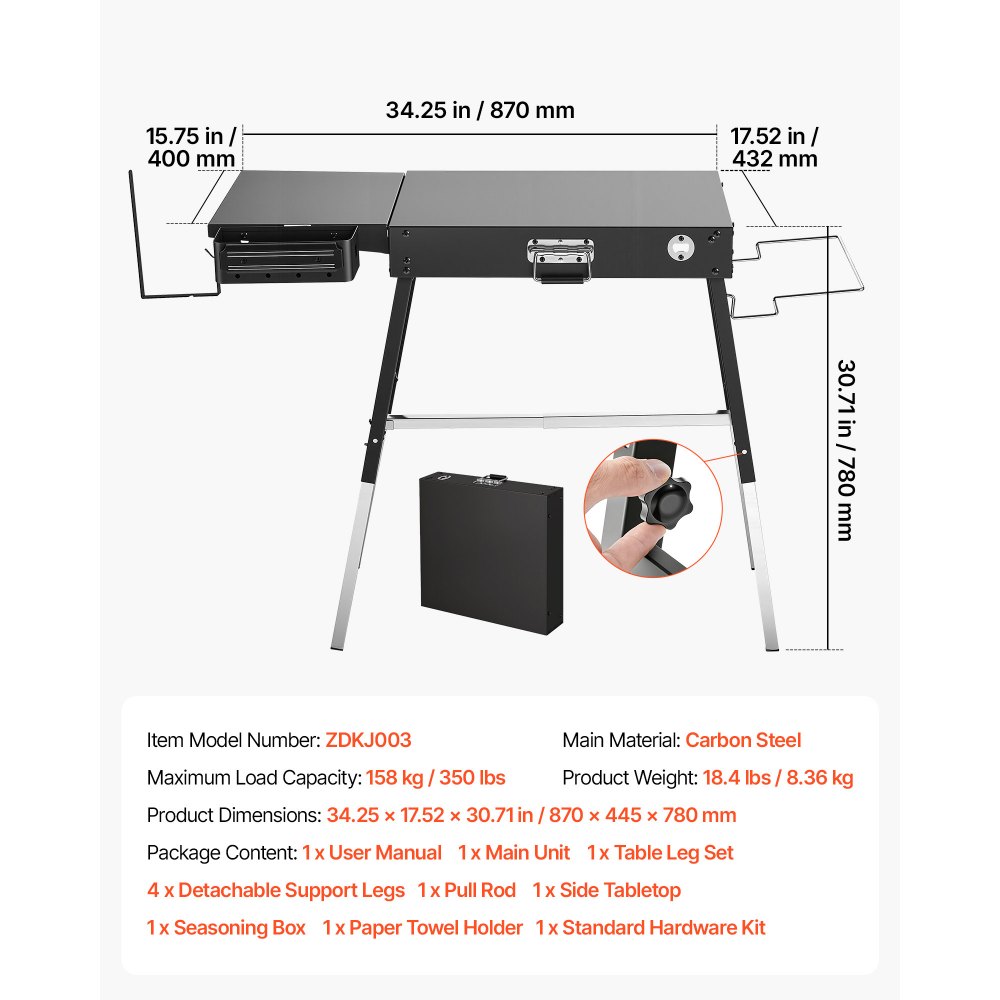 VEVOR Folding Grill Table 87x45 cm Camping Griddle Stand Fit 43 & 56 cm, for Picnic BBQ Tailgating, Carbon Steel, Adjustable Height, 158 kg, Outdoor Cart with Magnetic Tool Rack and Tissue Holder