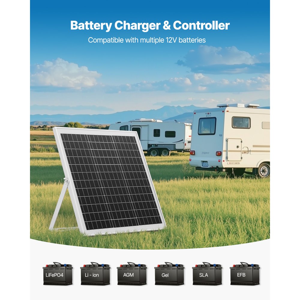 VEVOR Kit de Panel Solar Monocristalino 12 V y 20 W, Cargador de Batería con Controlador MPPT Inteligente y Soporte de Montaje Ajustable, IP67 Resistente al Agua para Coche, Barco, Autocaravana
