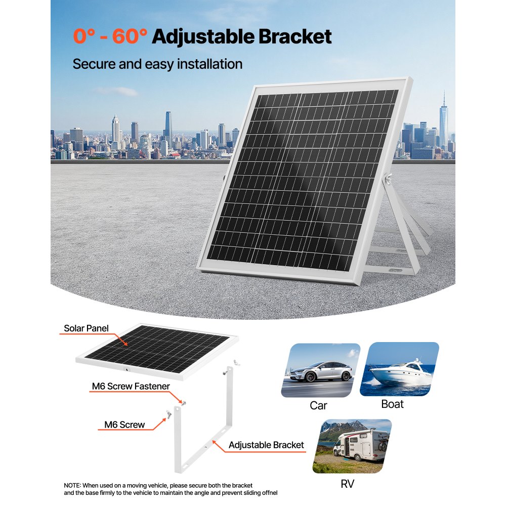 VEVOR Kit de Panel Solar Monocristalino 12 V y 20 W, Cargador de Batería con Controlador MPPT Inteligente y Soporte de Montaje Ajustable, IP67 Resistente al Agua para Coche, Barco, Autocaravana